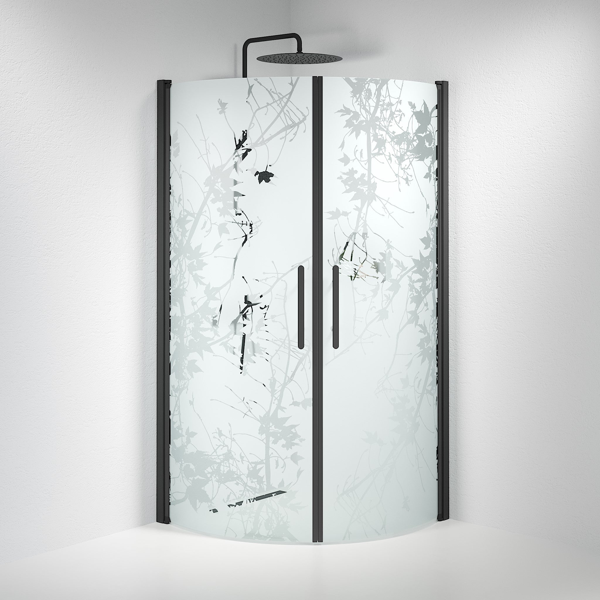 Vänern Shower Enclosure, Round, black Profile, Decor Glass