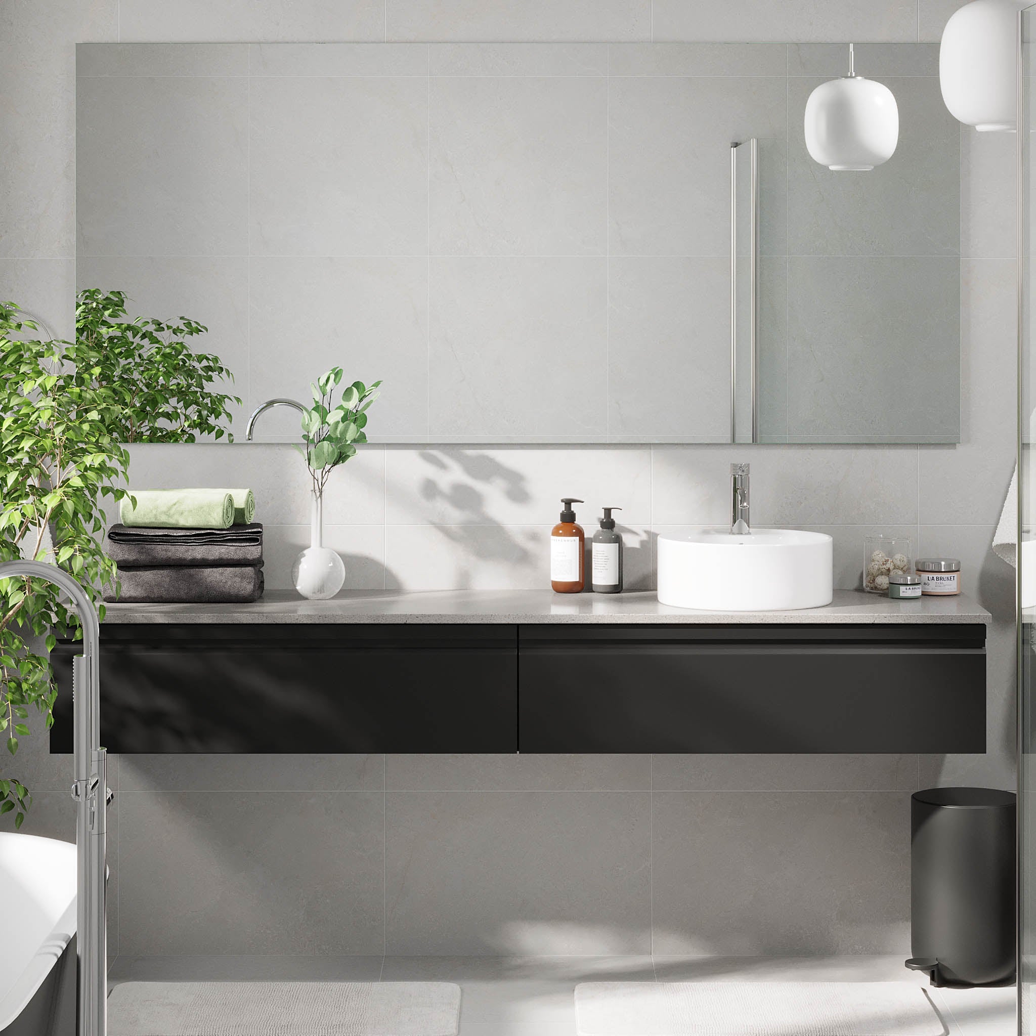Mirage badeværelse møbler med grå bordplade, Matt Black