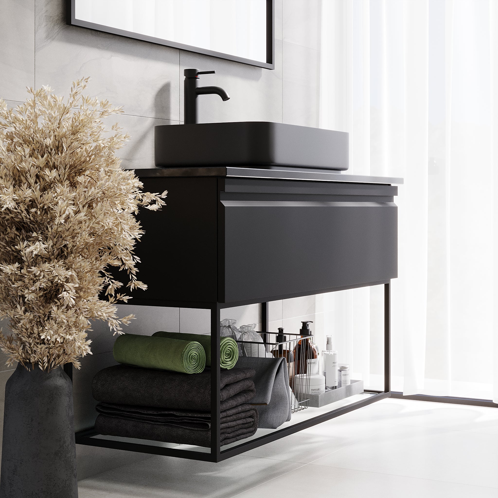 Kvitfjell Compact Bathroom Furniture with Black Quartz Countertop, Matte Black
