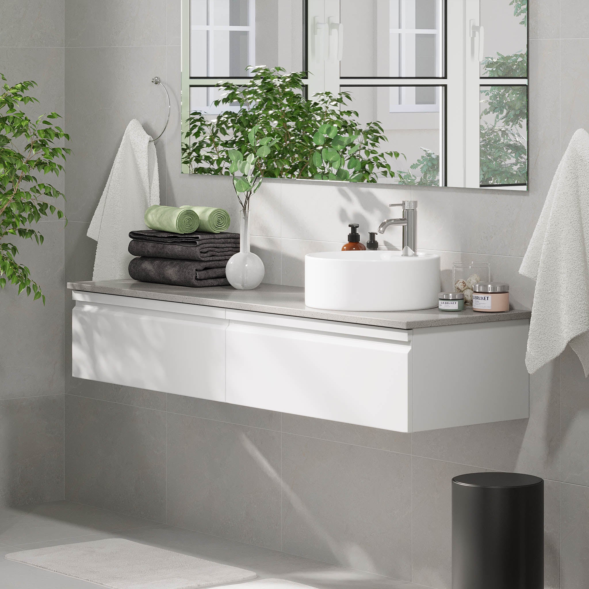 Mirage badeværelse møbler med grå bordplade, Matt White