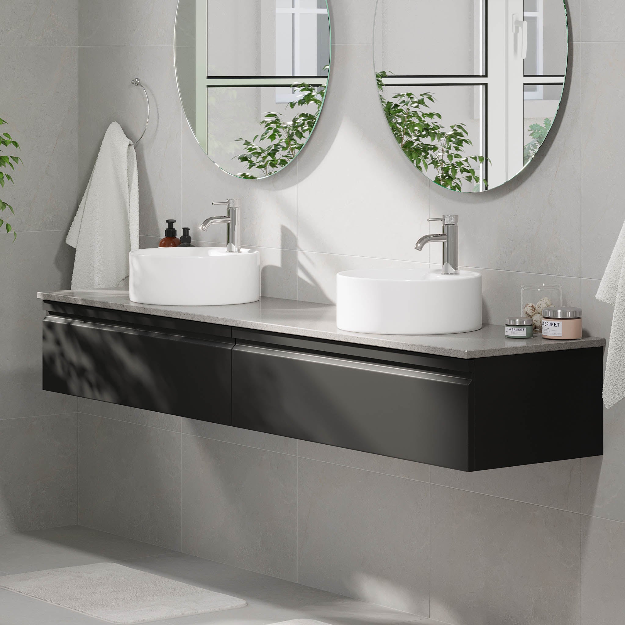 Mirage badeværelse møbler med grå bordplade, Matt Black