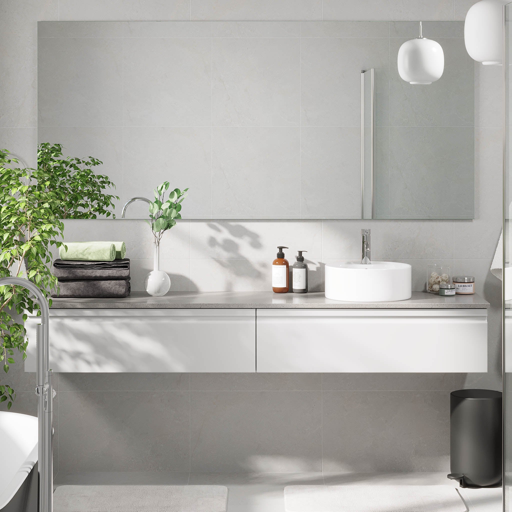 Mirage badeværelse møbler med grå bordplade, Matt White