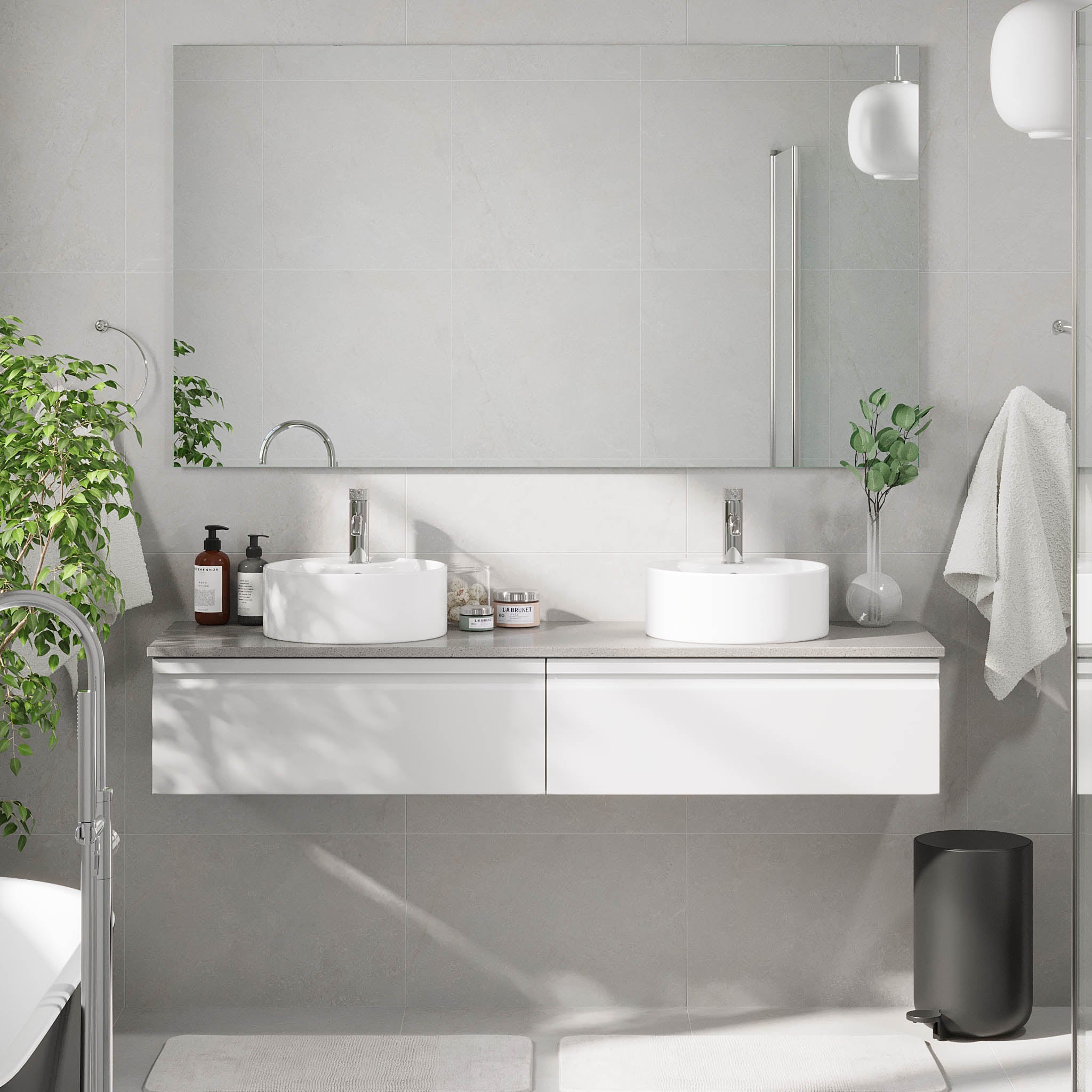 Mirage badeværelse møbler med grå bordplade, Matt White