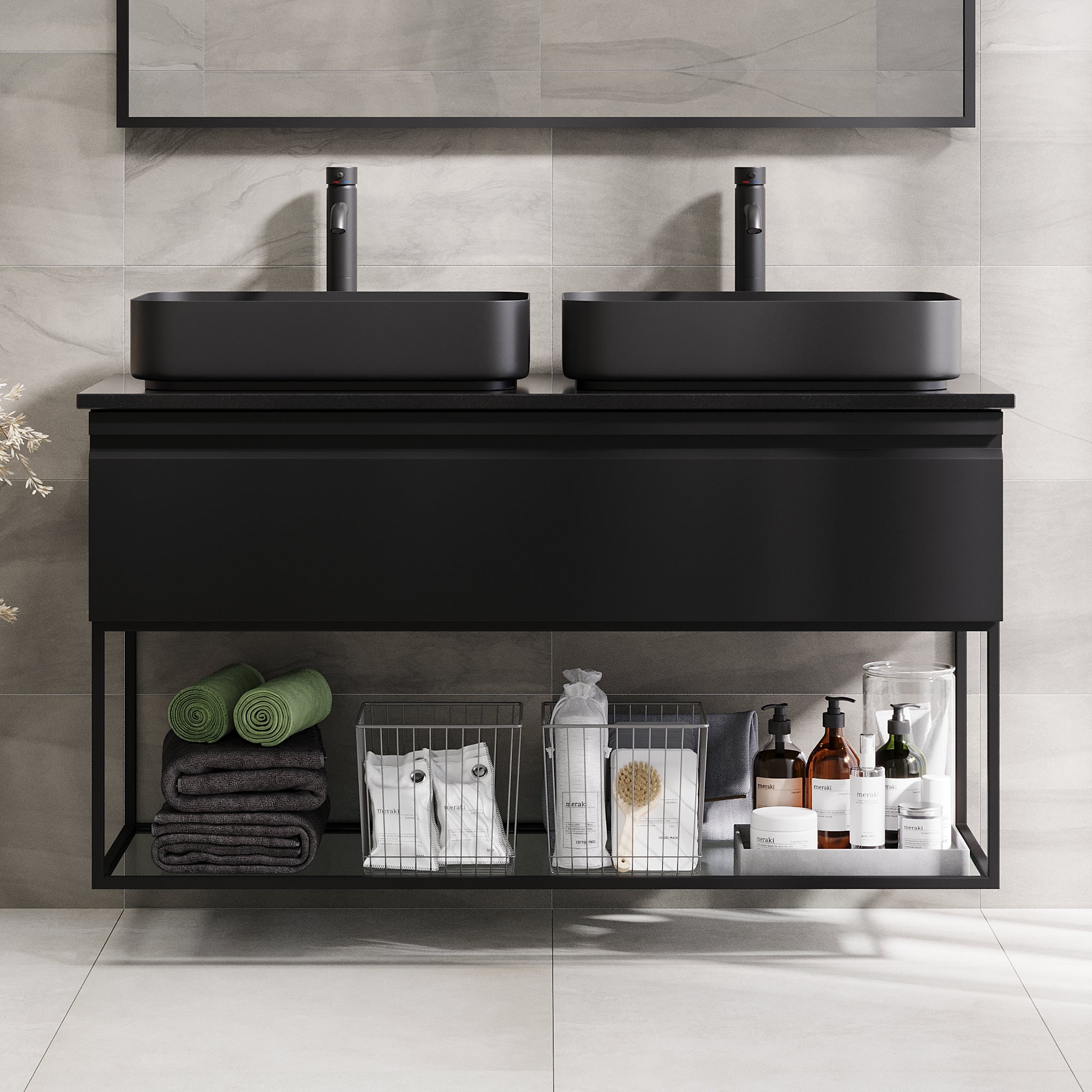 Kvitfjell Compact Bathroom Furniture with Black Quartz Countertop, Matte Black