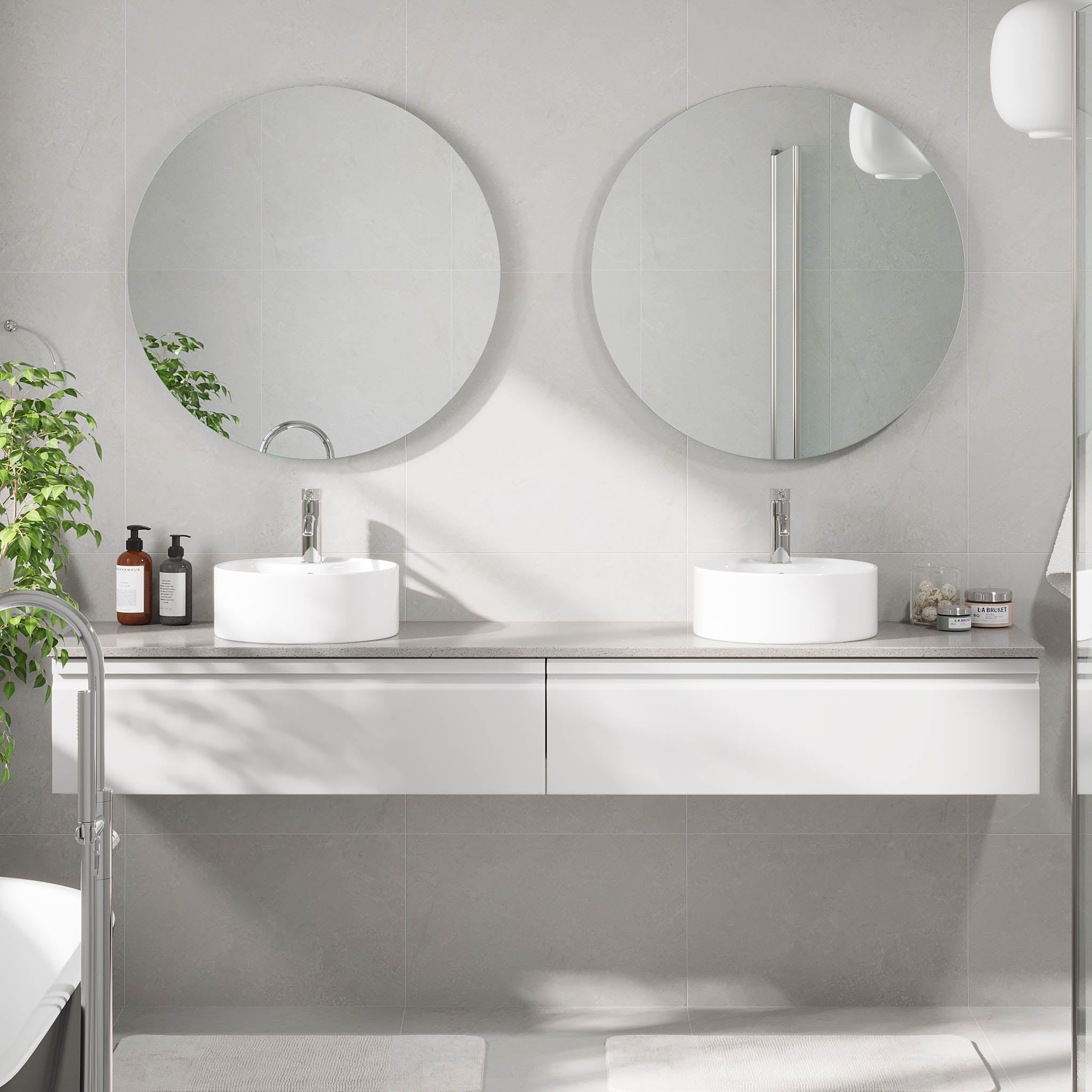 Mirage badeværelse møbler med grå bordplade, Matt White