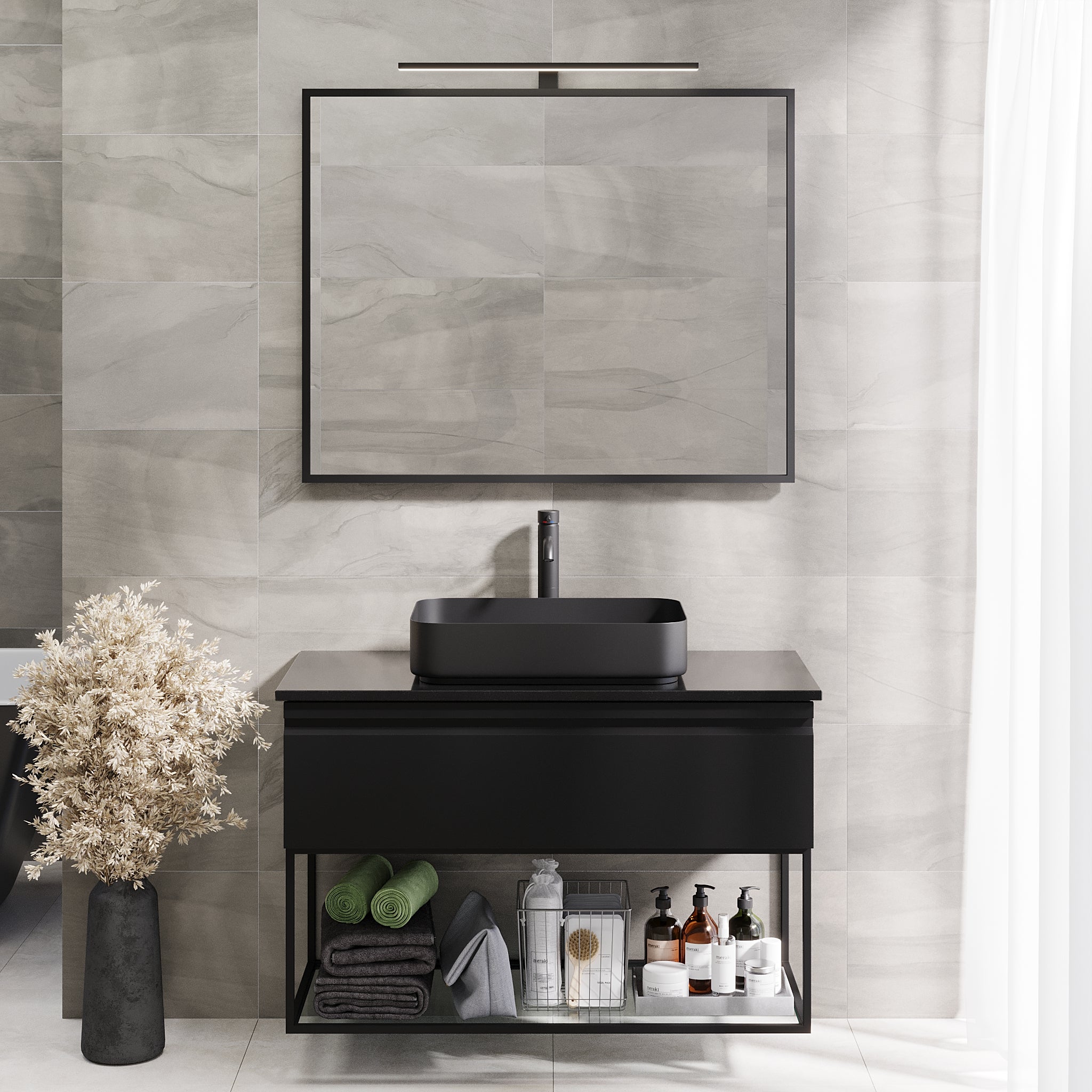 Kvitfjell Compact Bathroom Furniture with Black Quartz Countertop, Matte Black