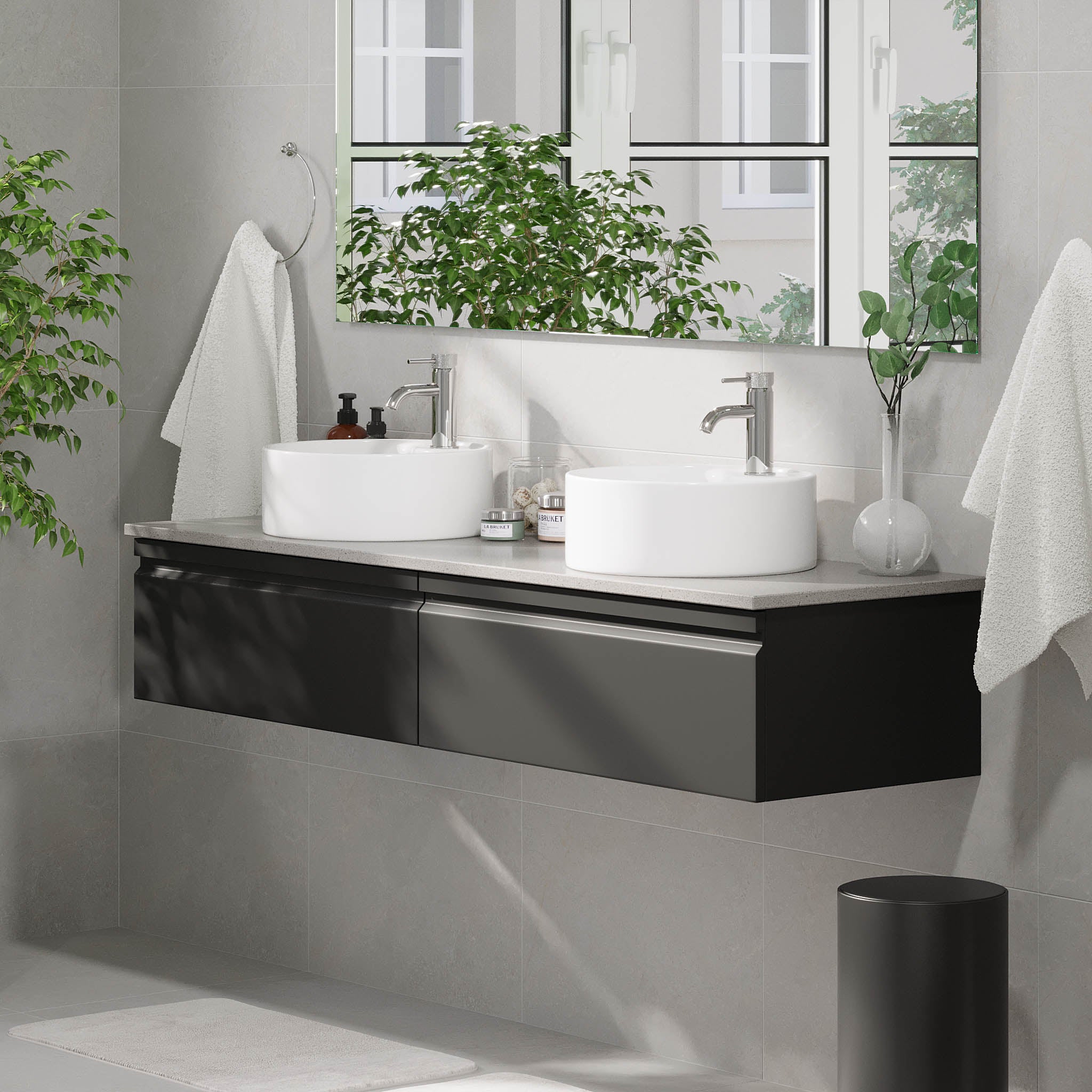 Mirage badeværelse møbler med grå bordplade, Matt Black