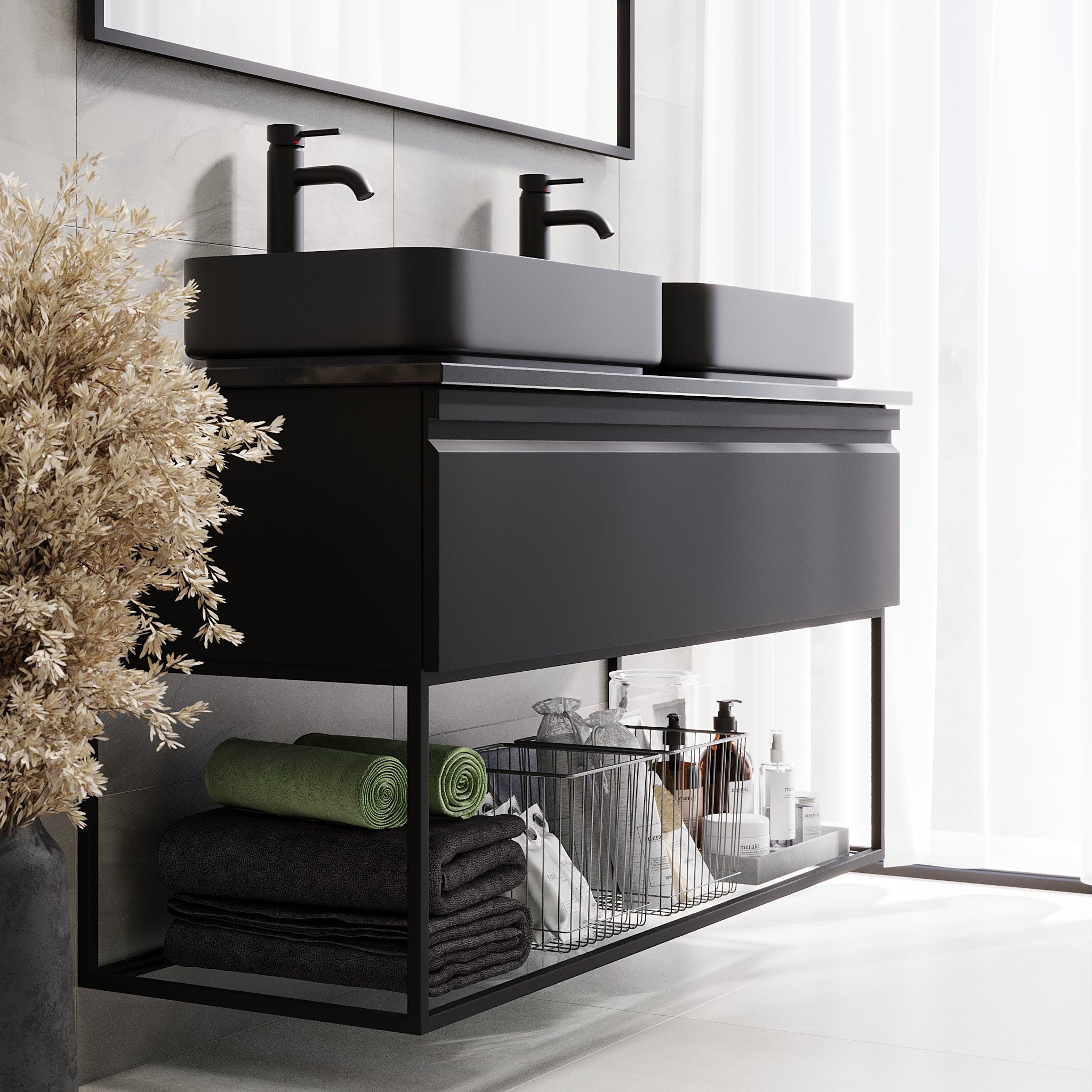 Kvitfjell Compact Bathroom Furniture with Black Quartz Countertop, Matte Black