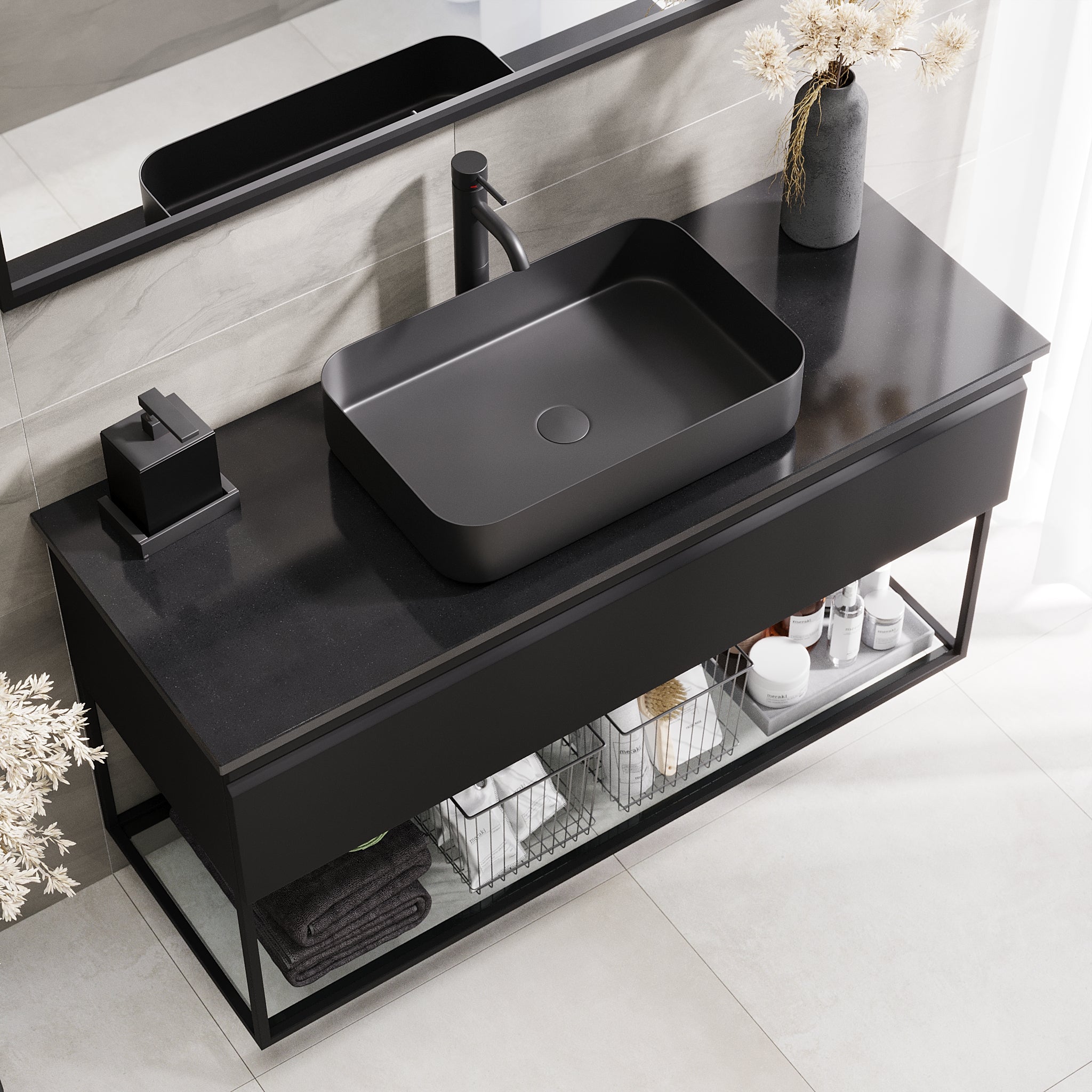 Kvitfjell Compact Bathroom Furniture with Black Quartz Countertop, Matte Black