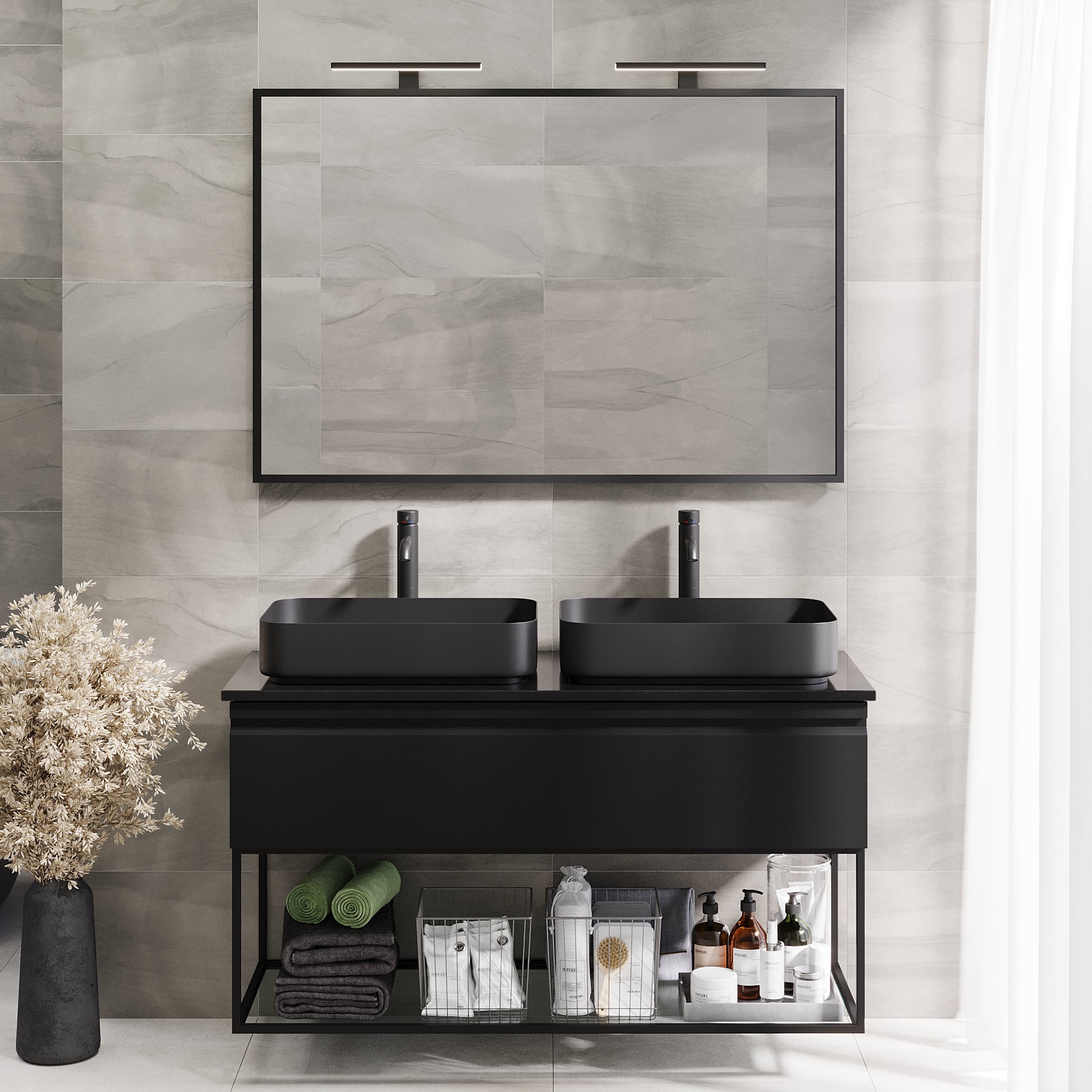 Kvitfjell Compact Bathroom Furniture with Black Quartz Countertop, Matte Black