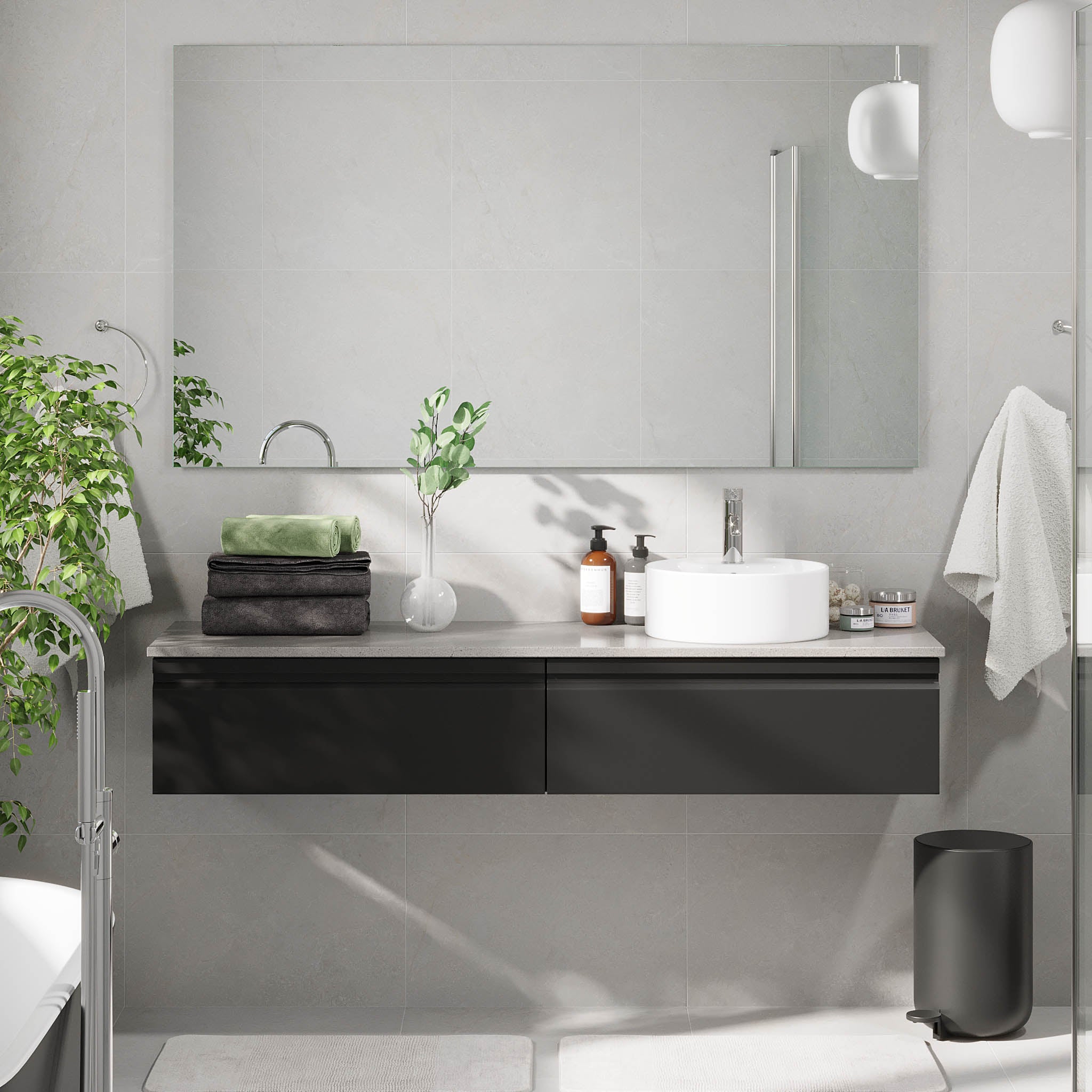 Mirage badeværelse møbler med grå bordplade, Matt Black