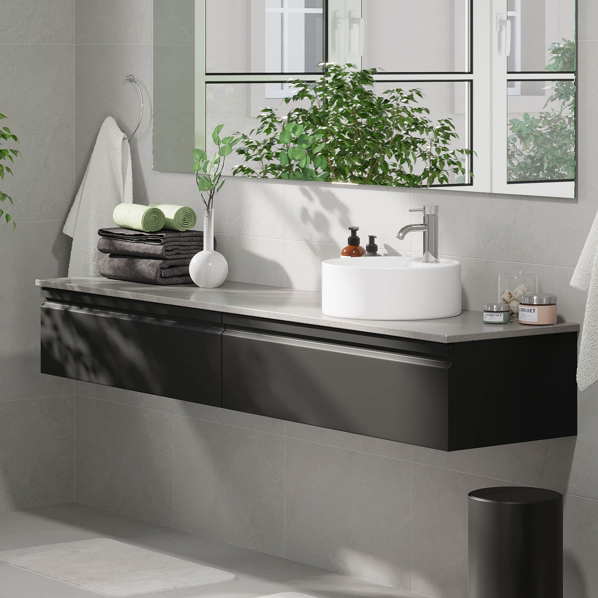 Mirage badeværelse møbler med grå bordplade, Matt Black