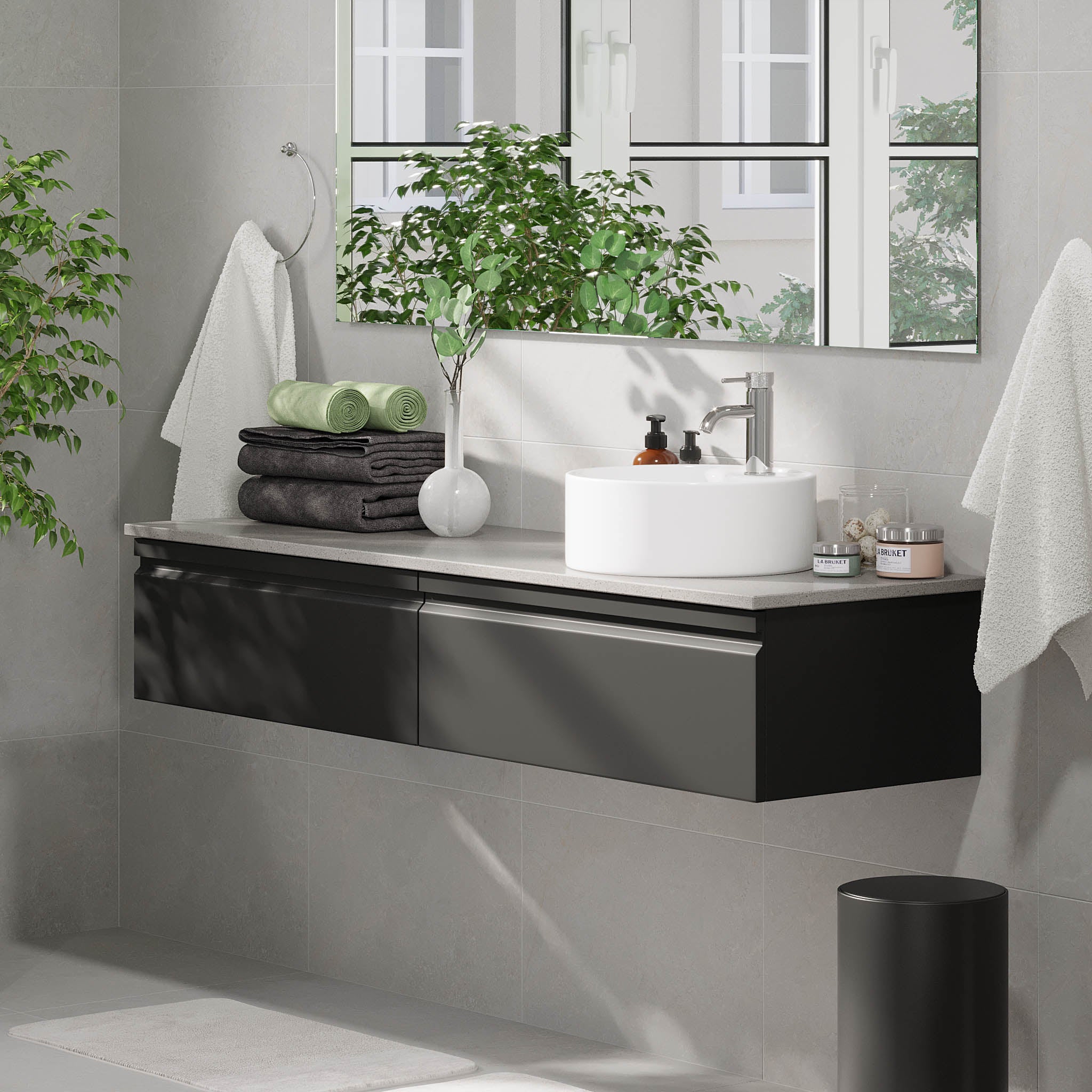 Mirage badeværelse møbler med grå bordplade, Matt Black