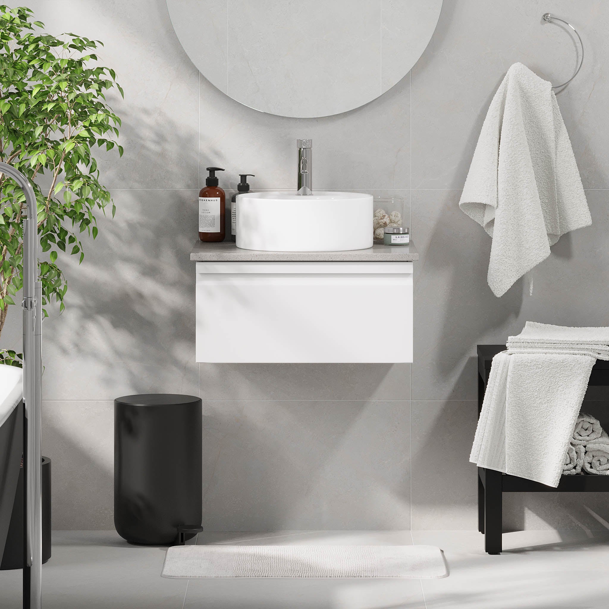 Mirage badeværelse møbler med grå bordplade, Matt White