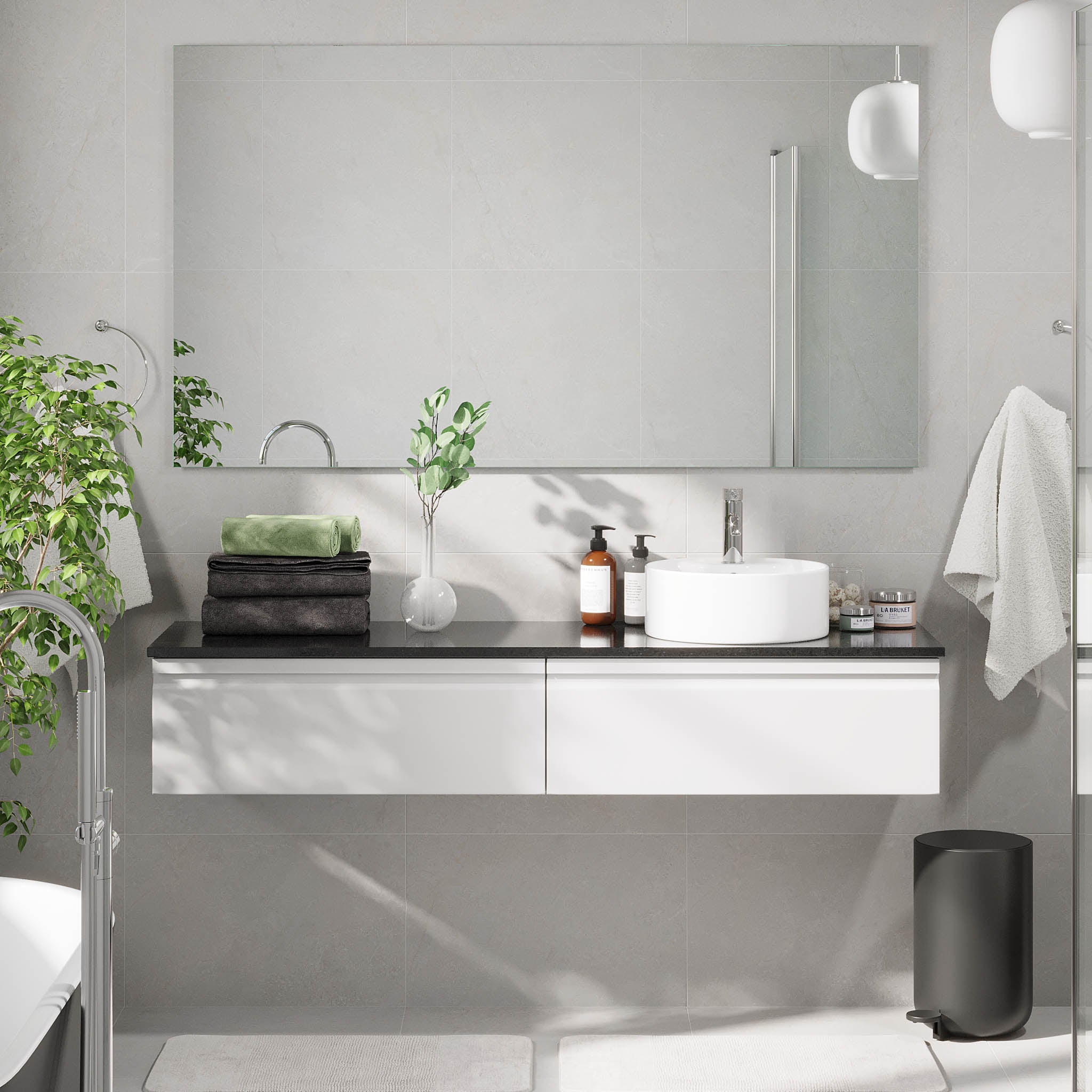 Mirage Bathroom furniture with black countertop, Matt White