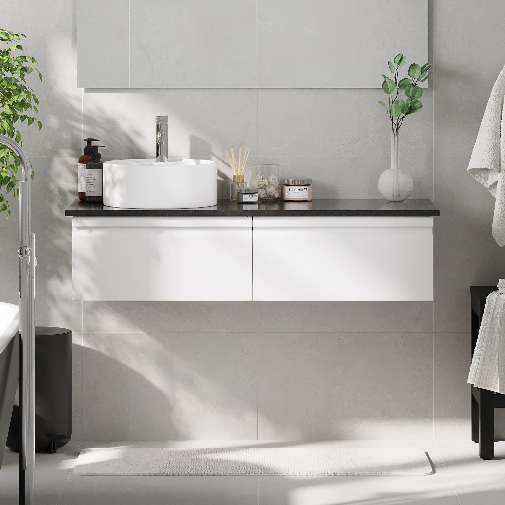 Mirage Bathroom furniture with black countertop, Matt White