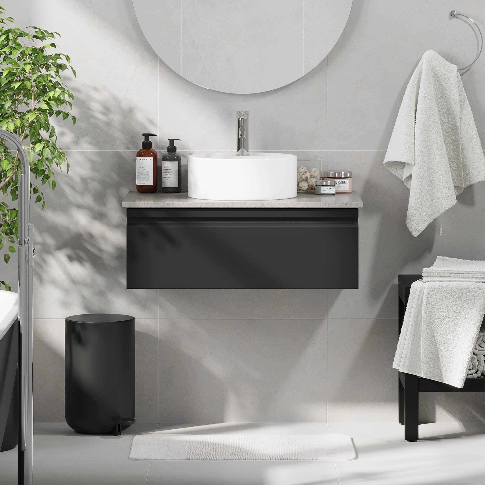 Mirage badeværelse møbler med grå bordplade, Matt Black