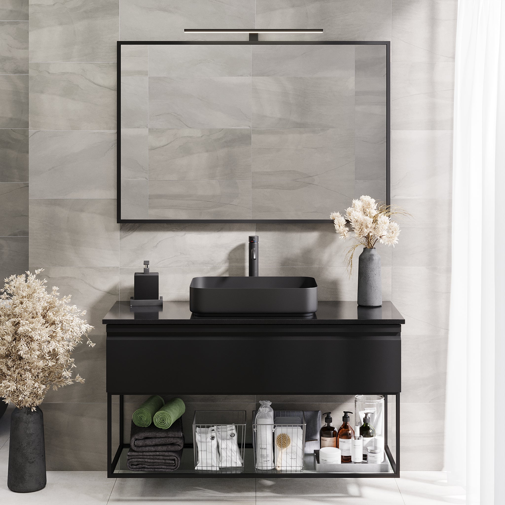 Kvitfjell Compact Bathroom Furniture with Black Quartz Countertop, Matte Black