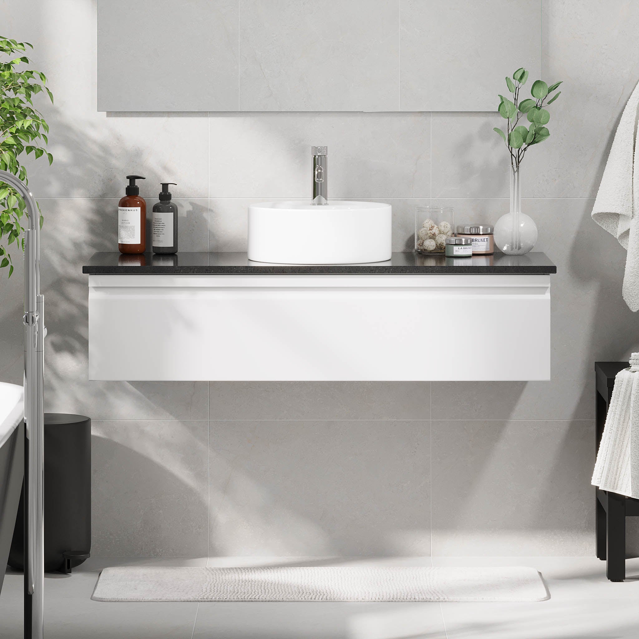 Mirage Bathroom furniture with black countertop, Matt White