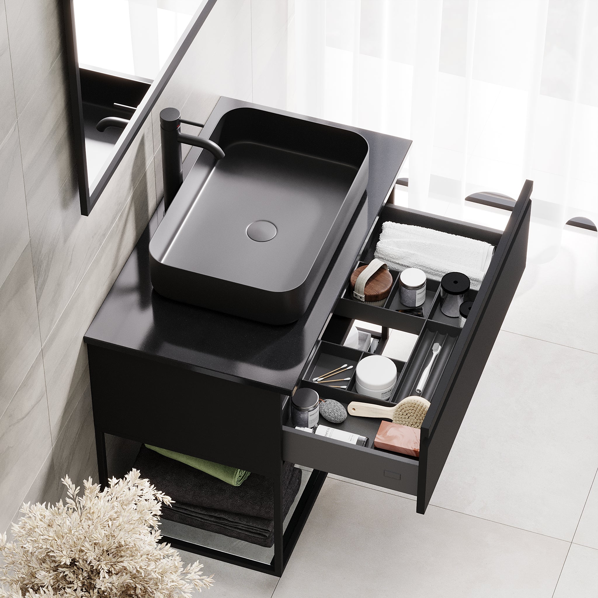 Kvitfjell Compact Bathroom Furniture with Black Quartz Countertop, Matte Black