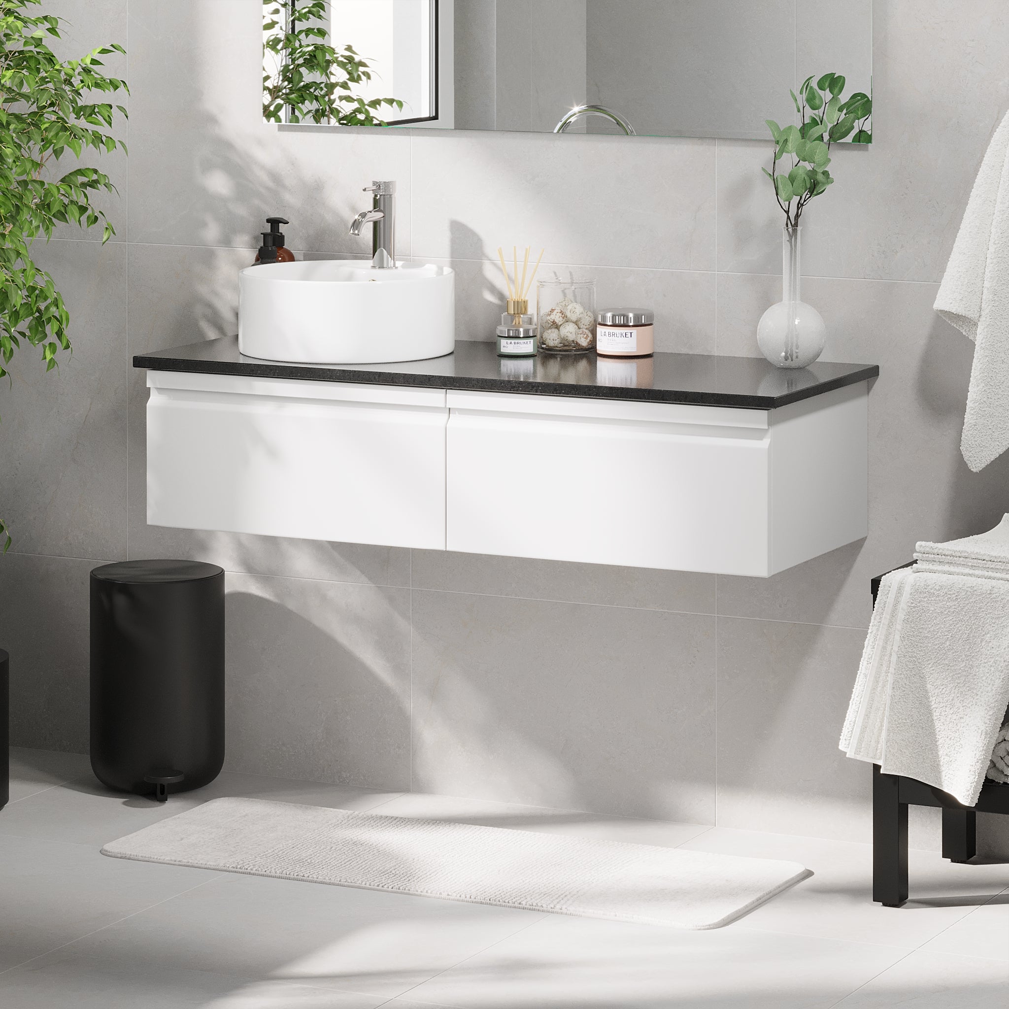 Mirage Bathroom furniture with black countertop, Matt White