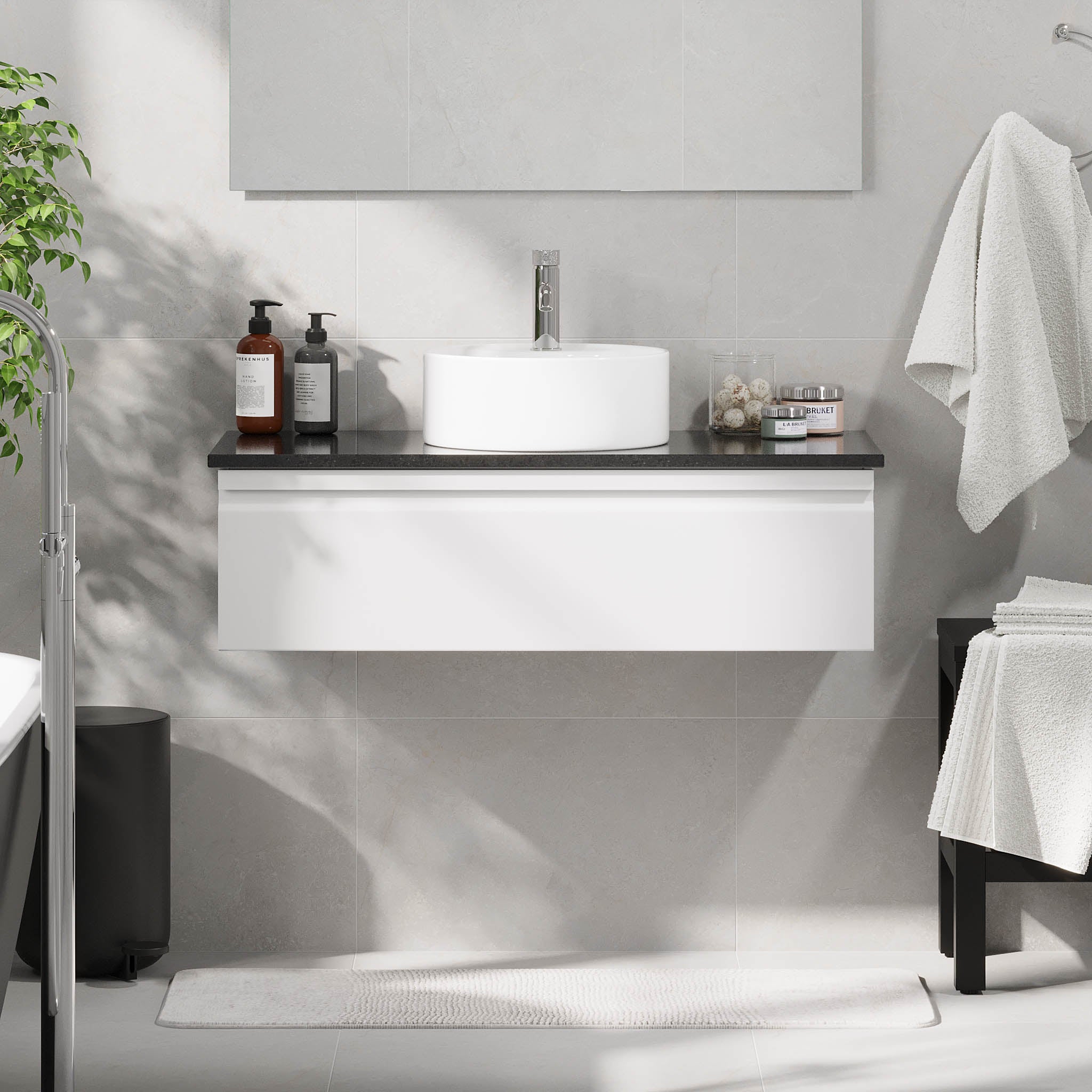 Mirage Bathroom furniture with black countertop, Matt White