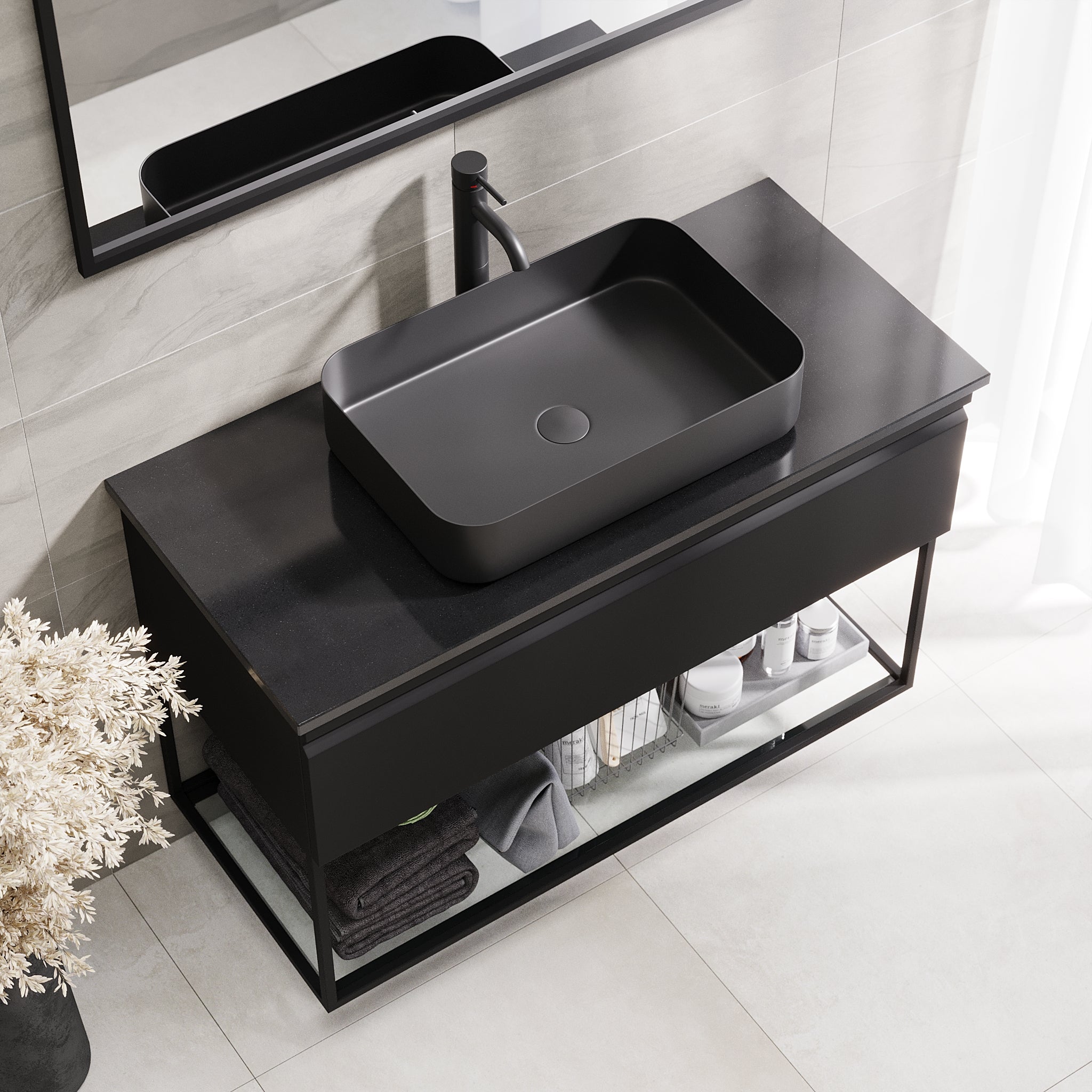 Kvitfjell Compact Bathroom Furniture with Black Quartz Countertop, Matte Black