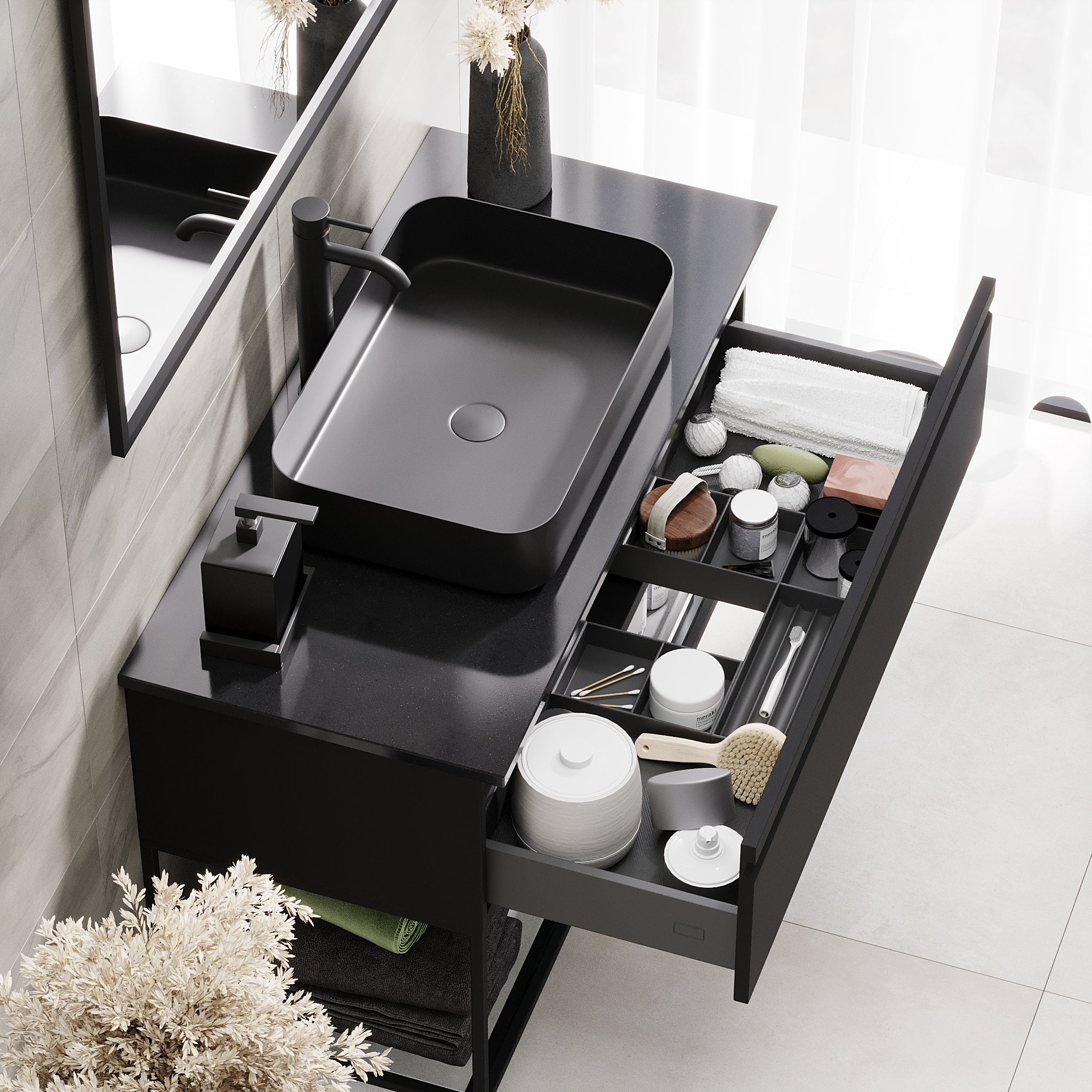 Kvitfjell Compact Bathroom Furniture with Black Quartz Countertop, Matte Black