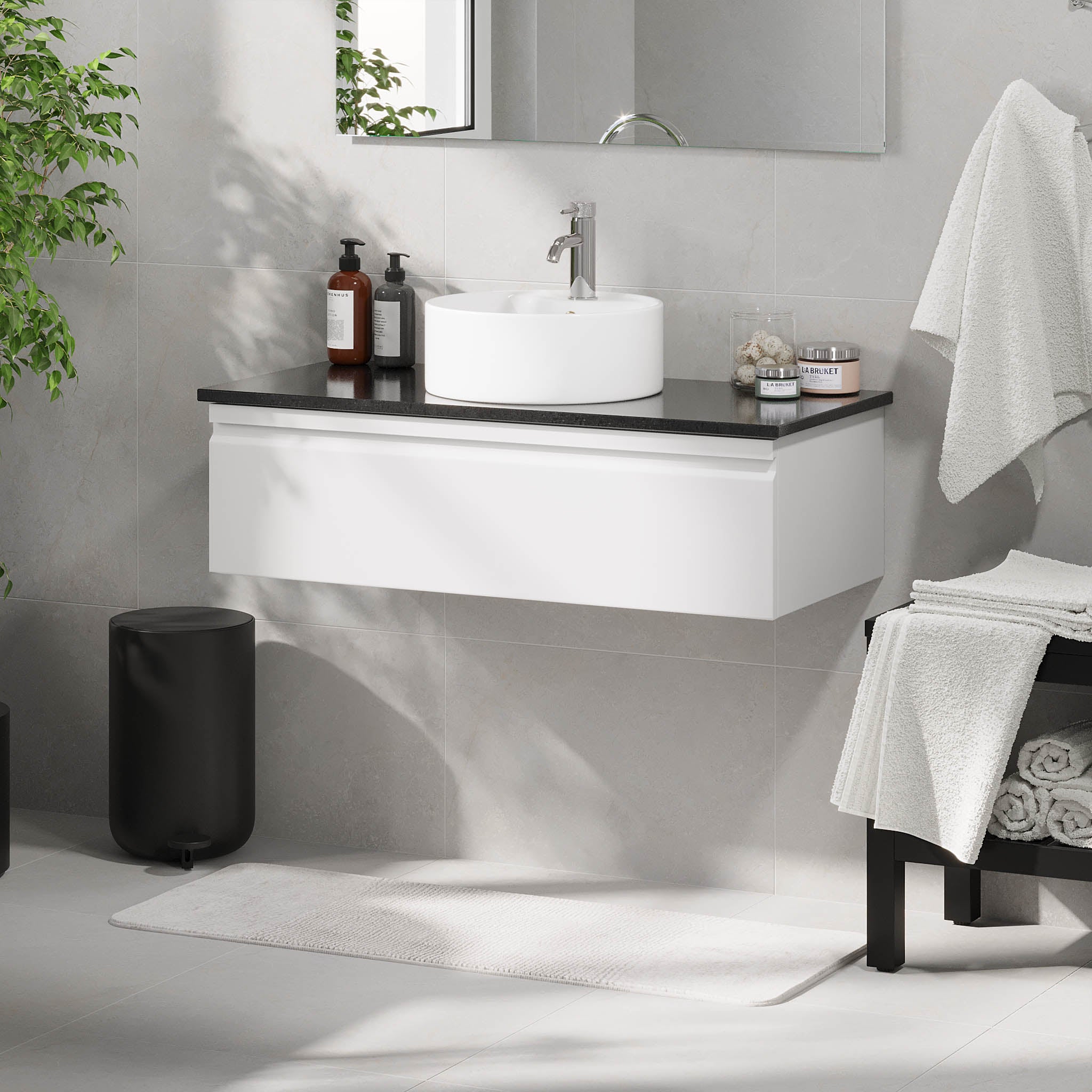 Mirage Bathroom furniture with black countertop, Matt White