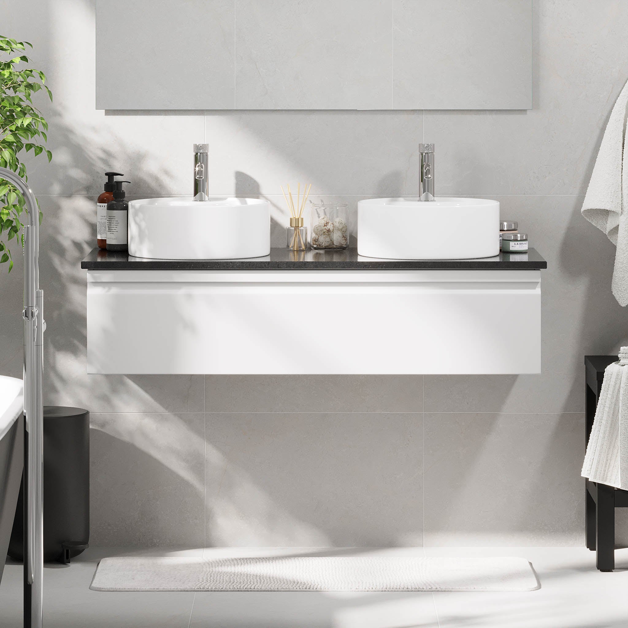 Mirage Bathroom furniture with black countertop, Matt White