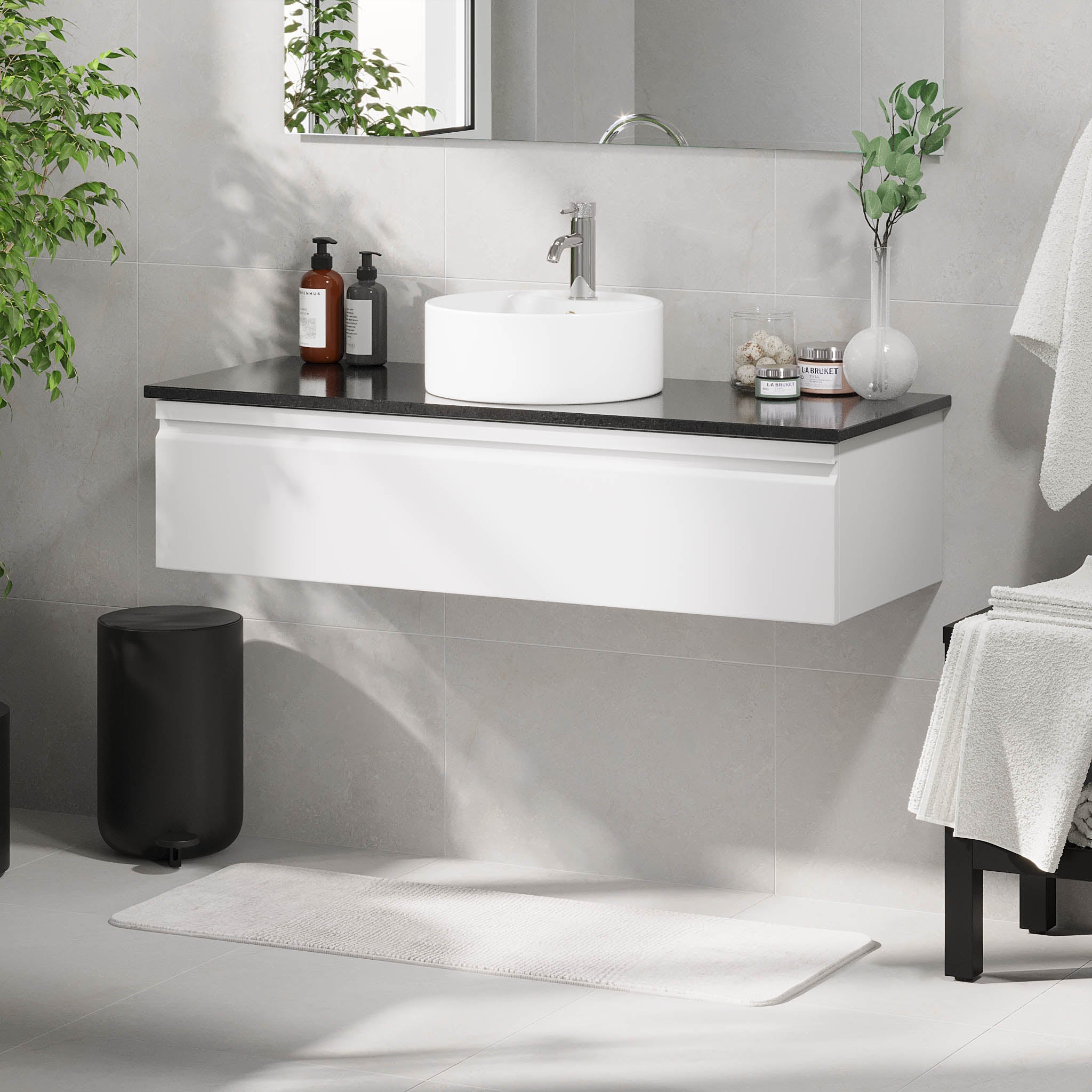 Mirage Bathroom furniture with black countertop, Matt White