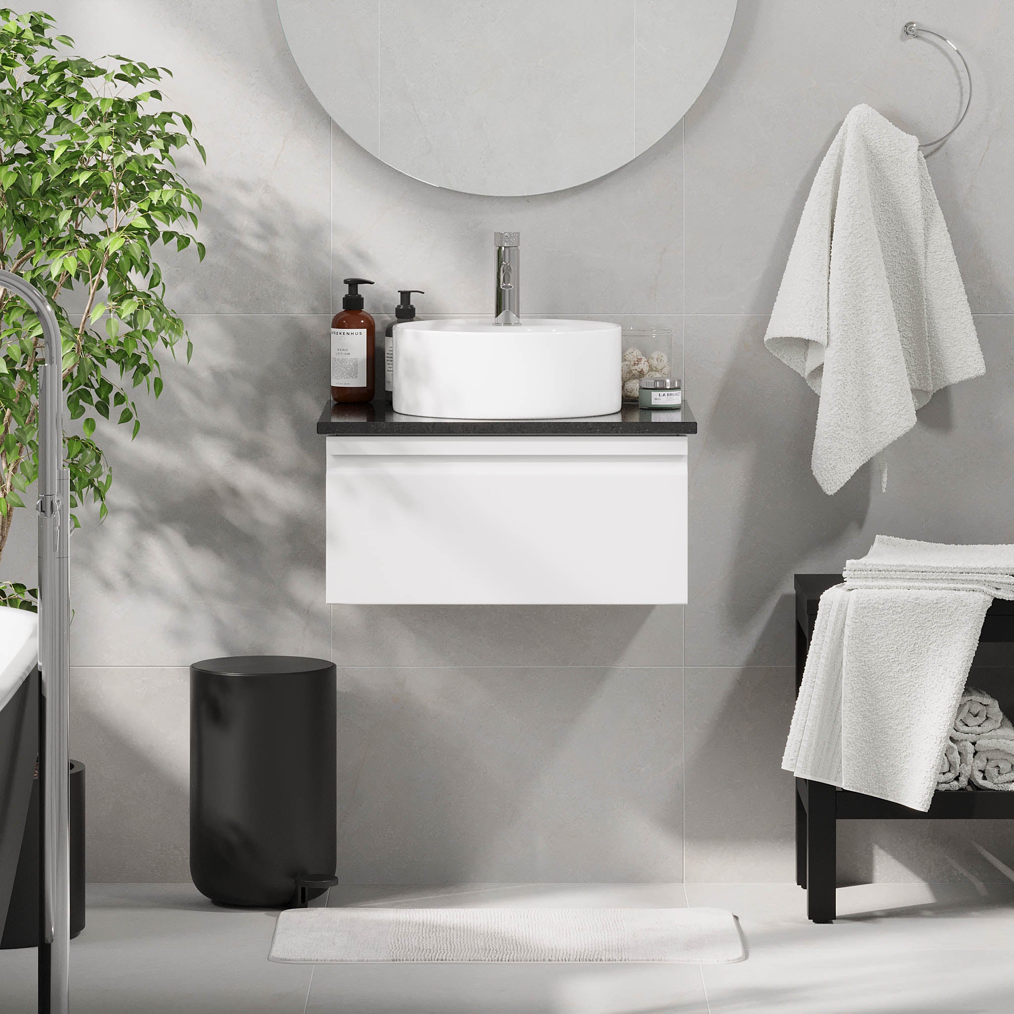 Mirage Bathroom furniture with black countertop, Matt White