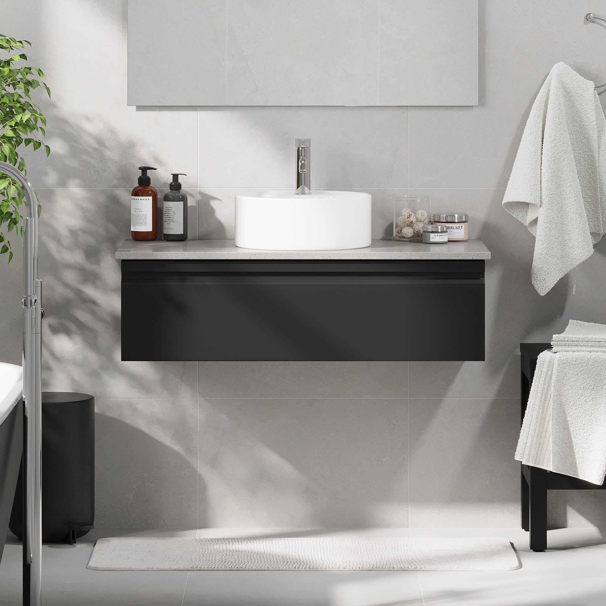 Mirage badeværelse møbler med grå bordplade, Matt Black