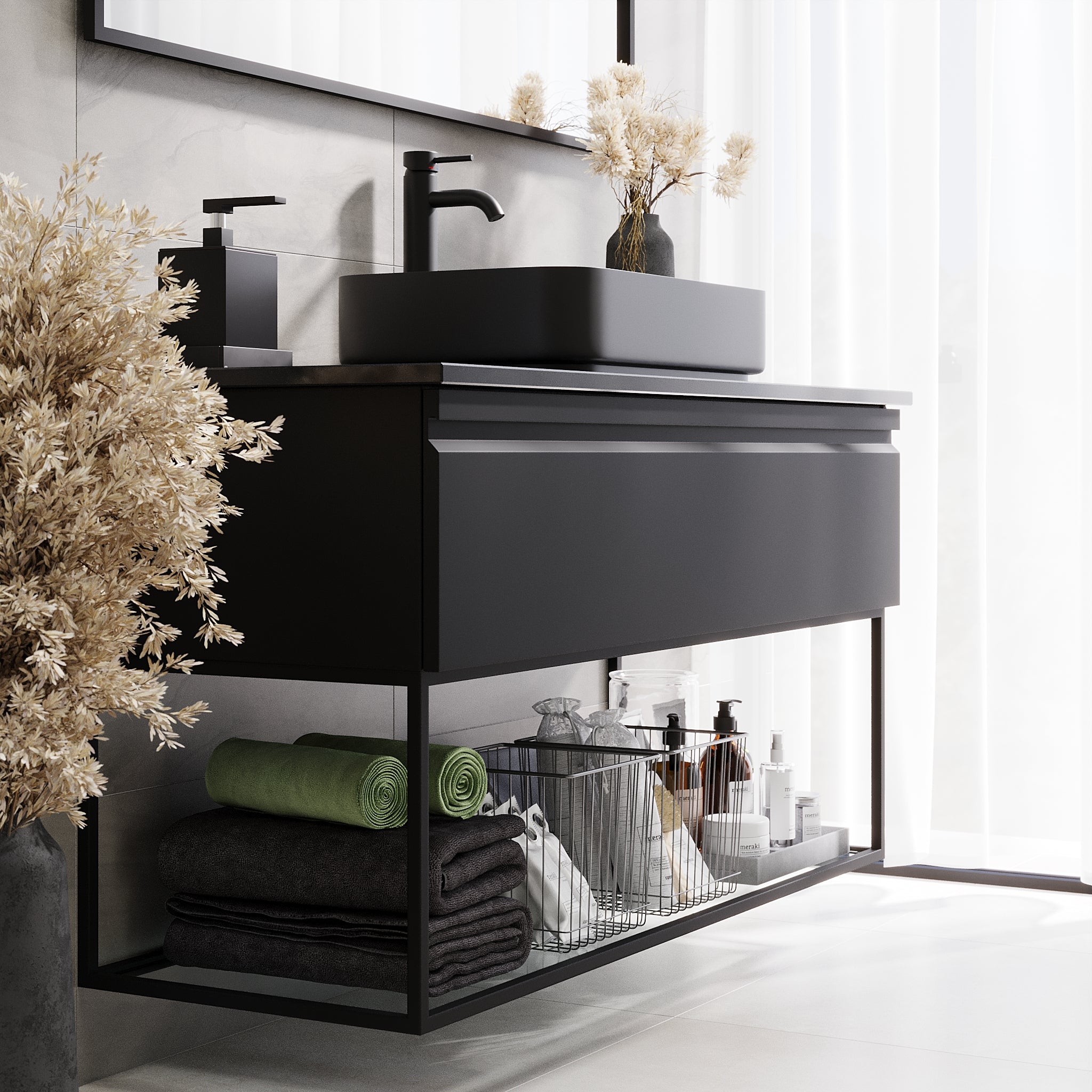 Kvitfjell Compact Bathroom Furniture with Black Quartz Countertop, Matte Black