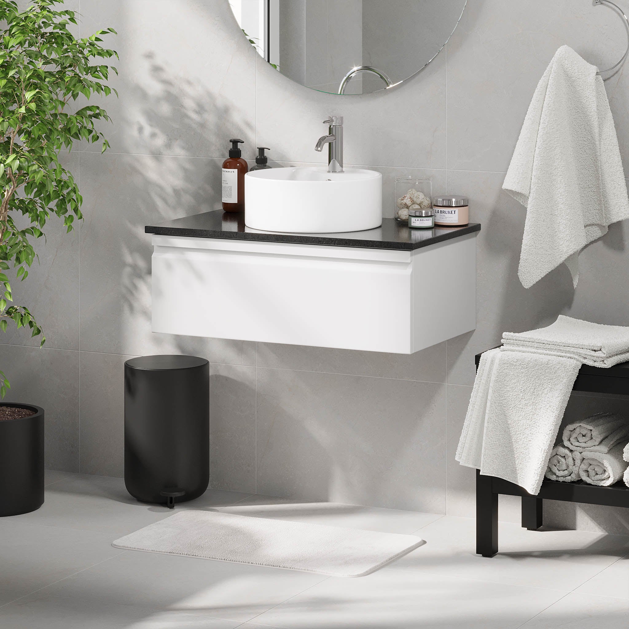 Mirage Bathroom furniture with black countertop, Matt White