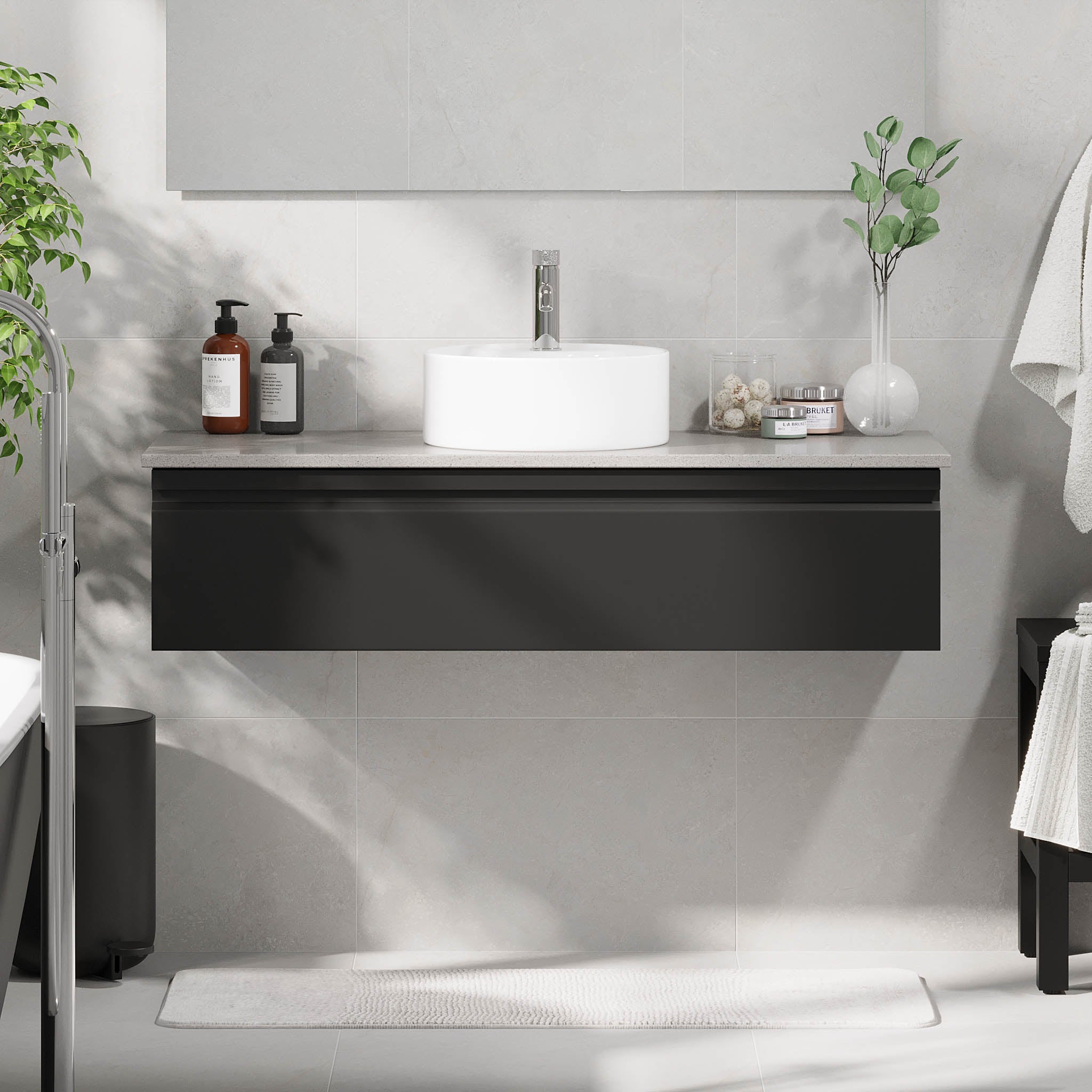 Mirage badeværelse møbler med grå bordplade, Matt Black