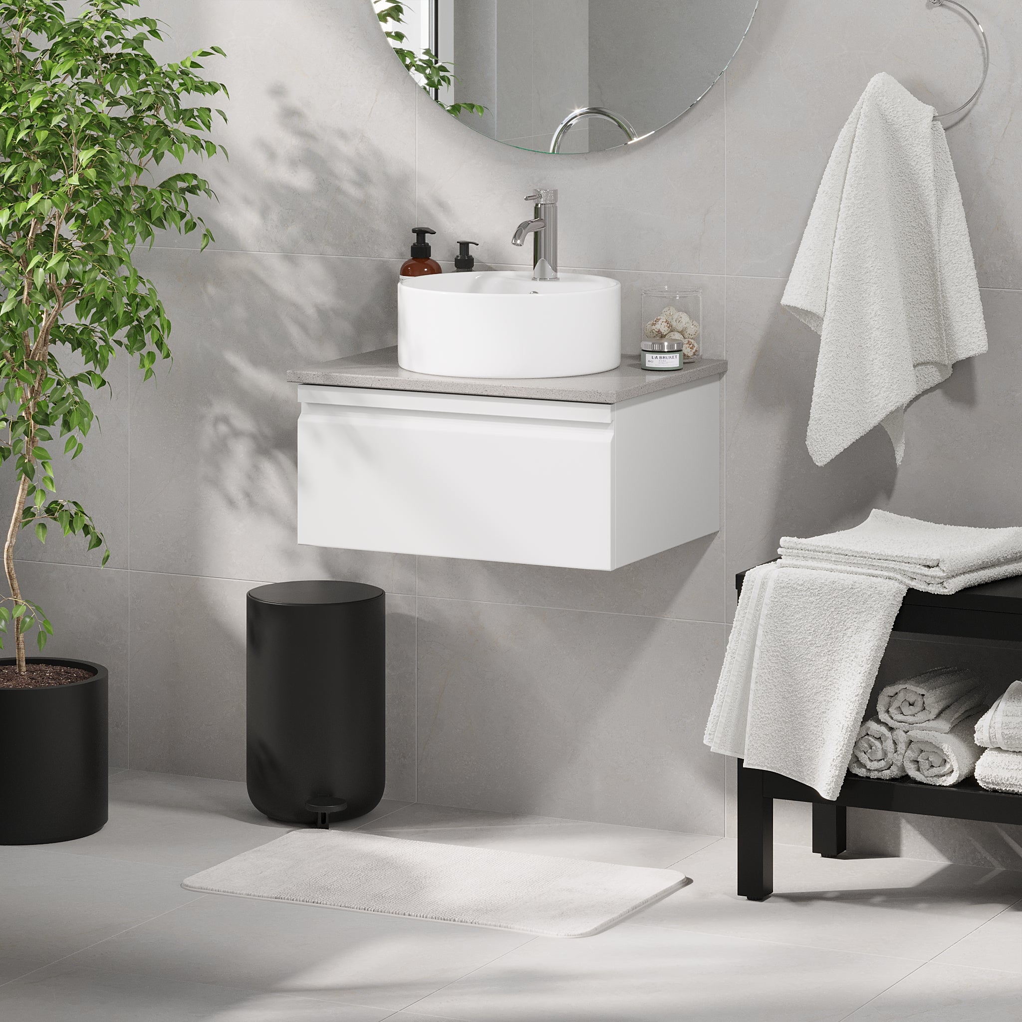 Mirage badeværelse møbler med grå bordplade, Matt White
