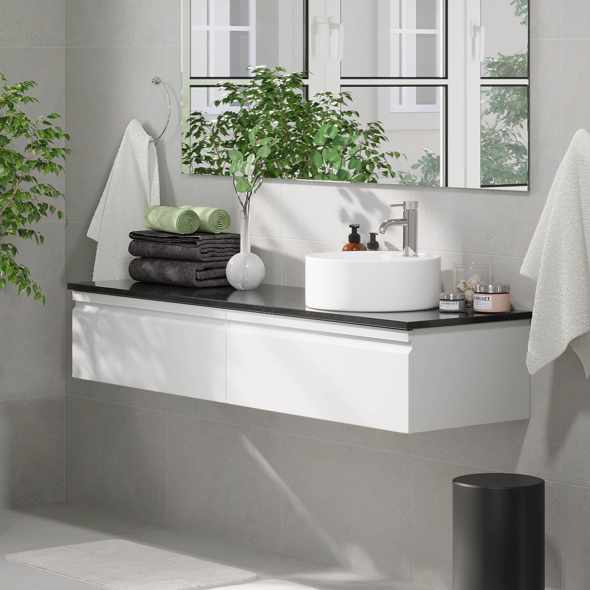 Mirage Bathroom furniture with black countertop, Matt White