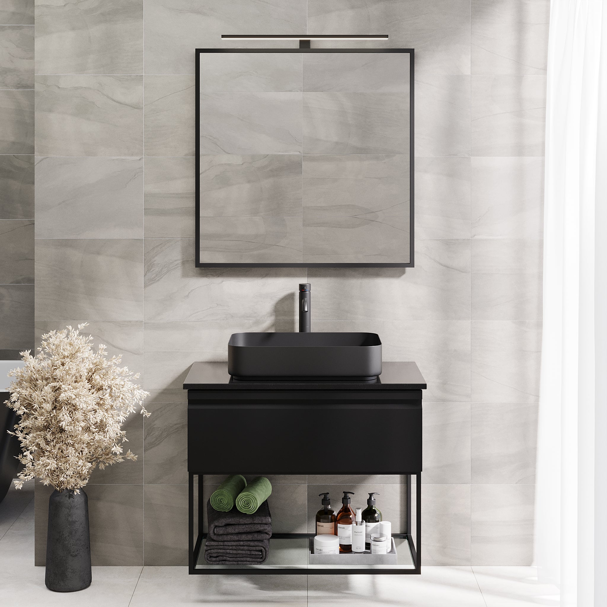 Kvitfjell Compact Bathroom Furniture with Black Quartz Countertop, Matte Black