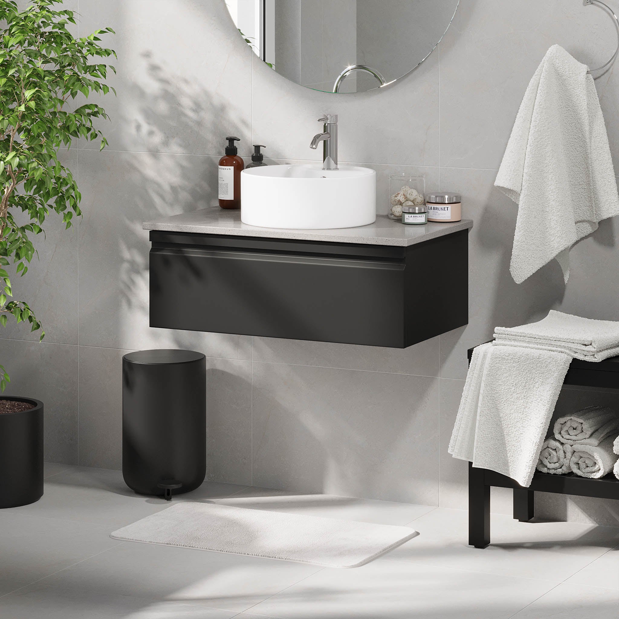 Mirage badeværelse møbler med grå bordplade, Matt Black
