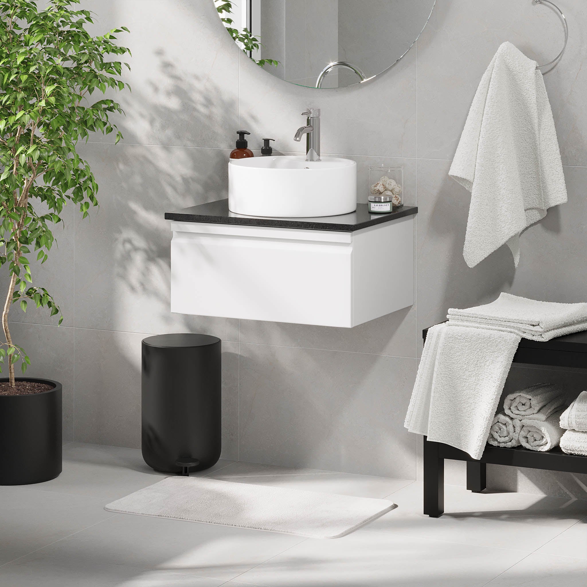 Mirage Bathroom furniture with black countertop, Matt White
