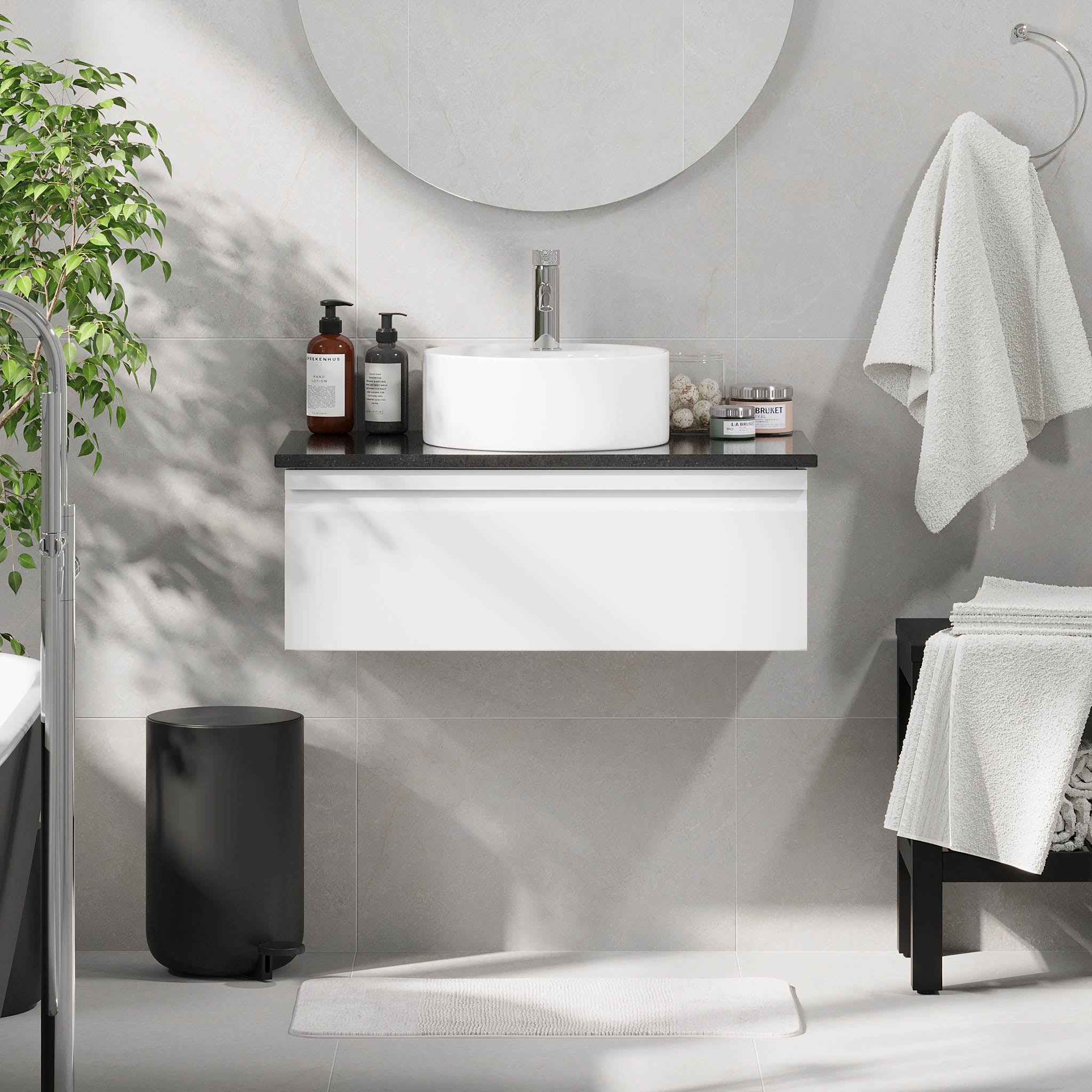 Mirage Bathroom furniture with black countertop, Matt White