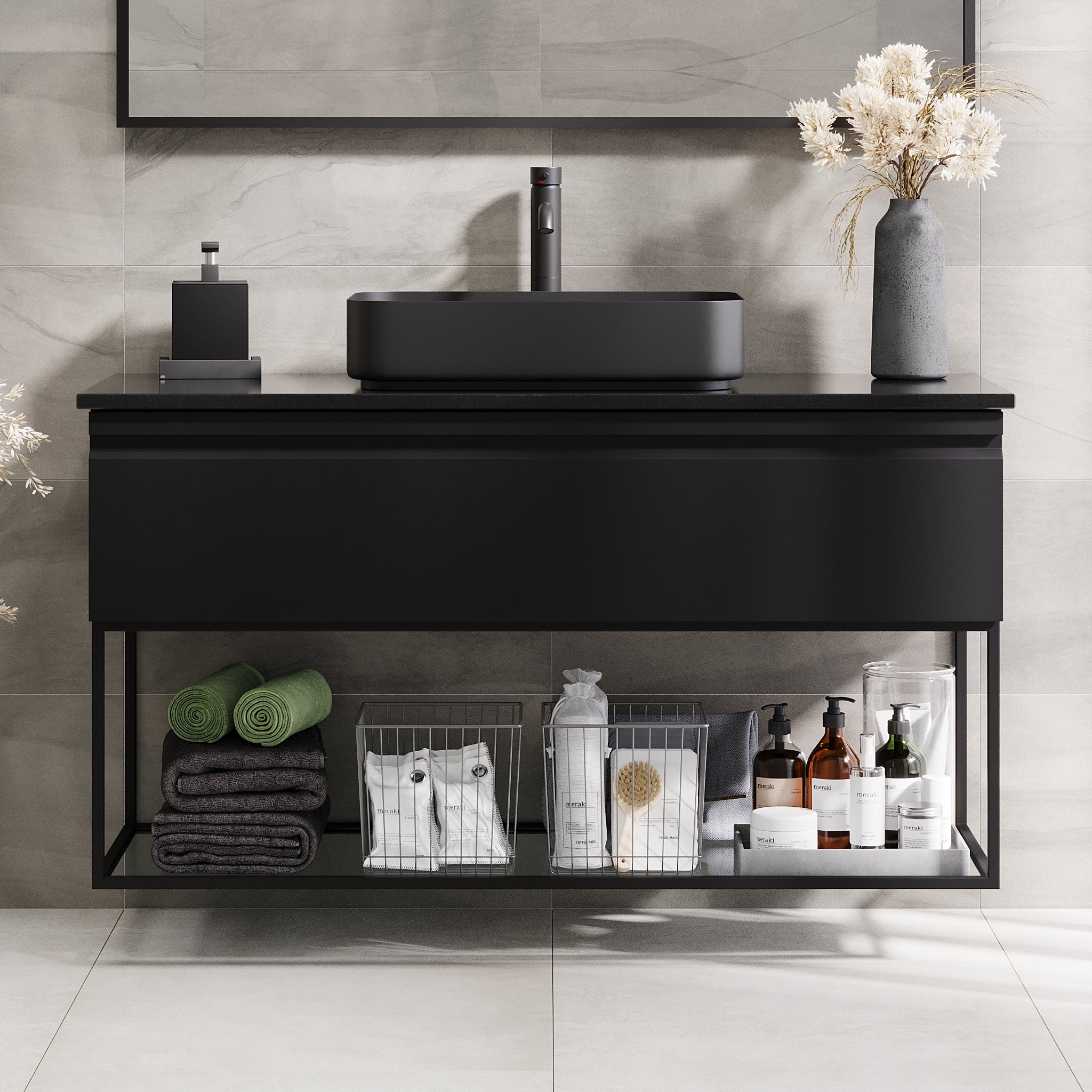 Kvitfjell Compact Bathroom Furniture with Black Quartz Countertop, Matte Black