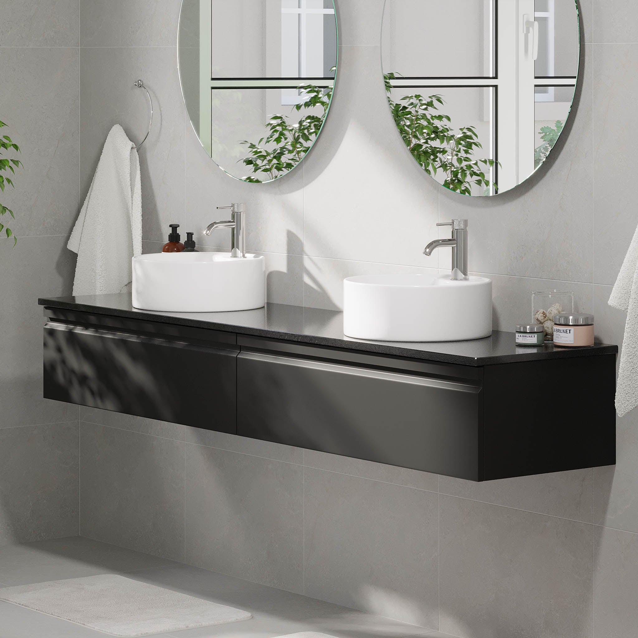 Mirage Bathroom furniture with black countertop, Matt Black
