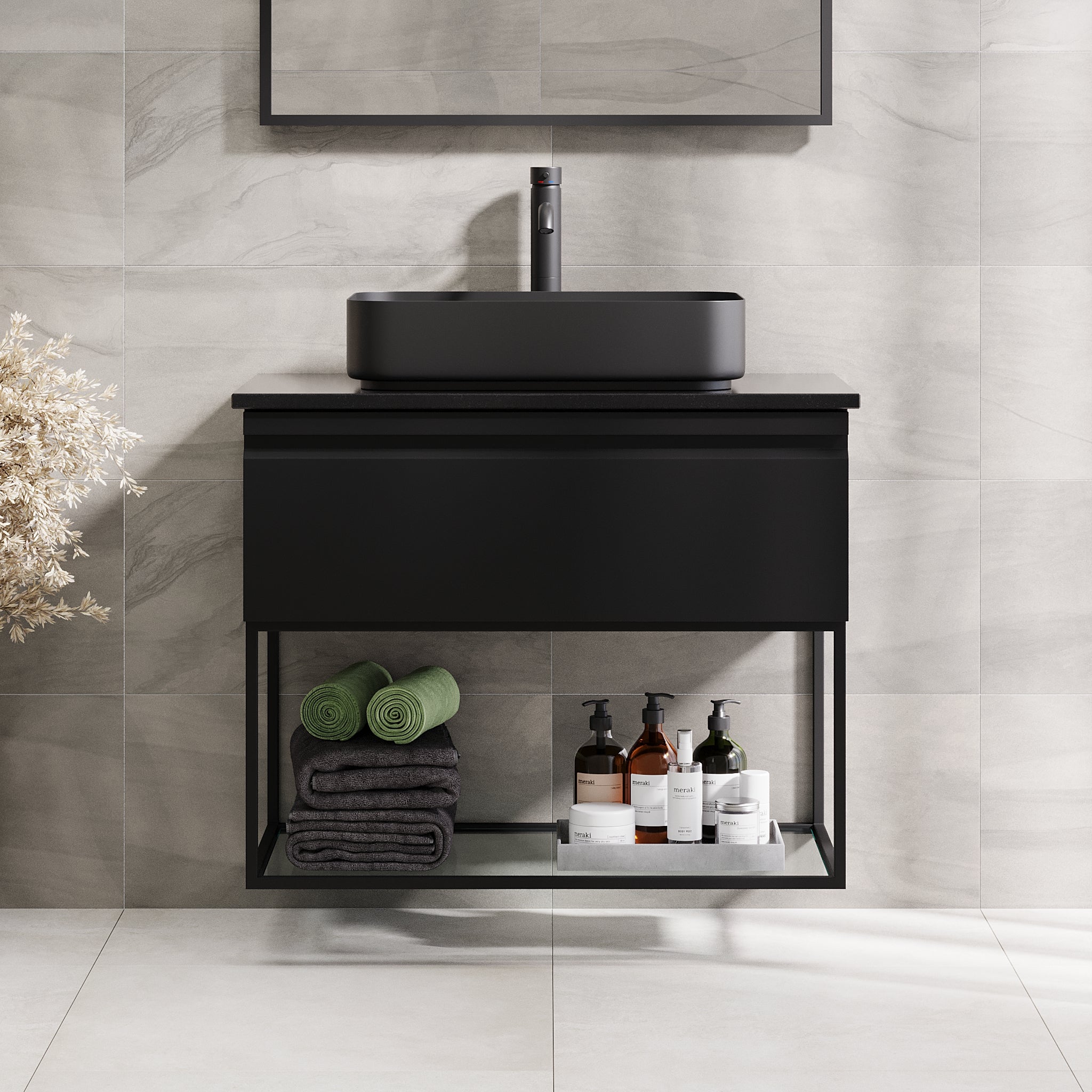 Kvitfjell Compact Bathroom Furniture with Black Quartz Countertop, Matte Black