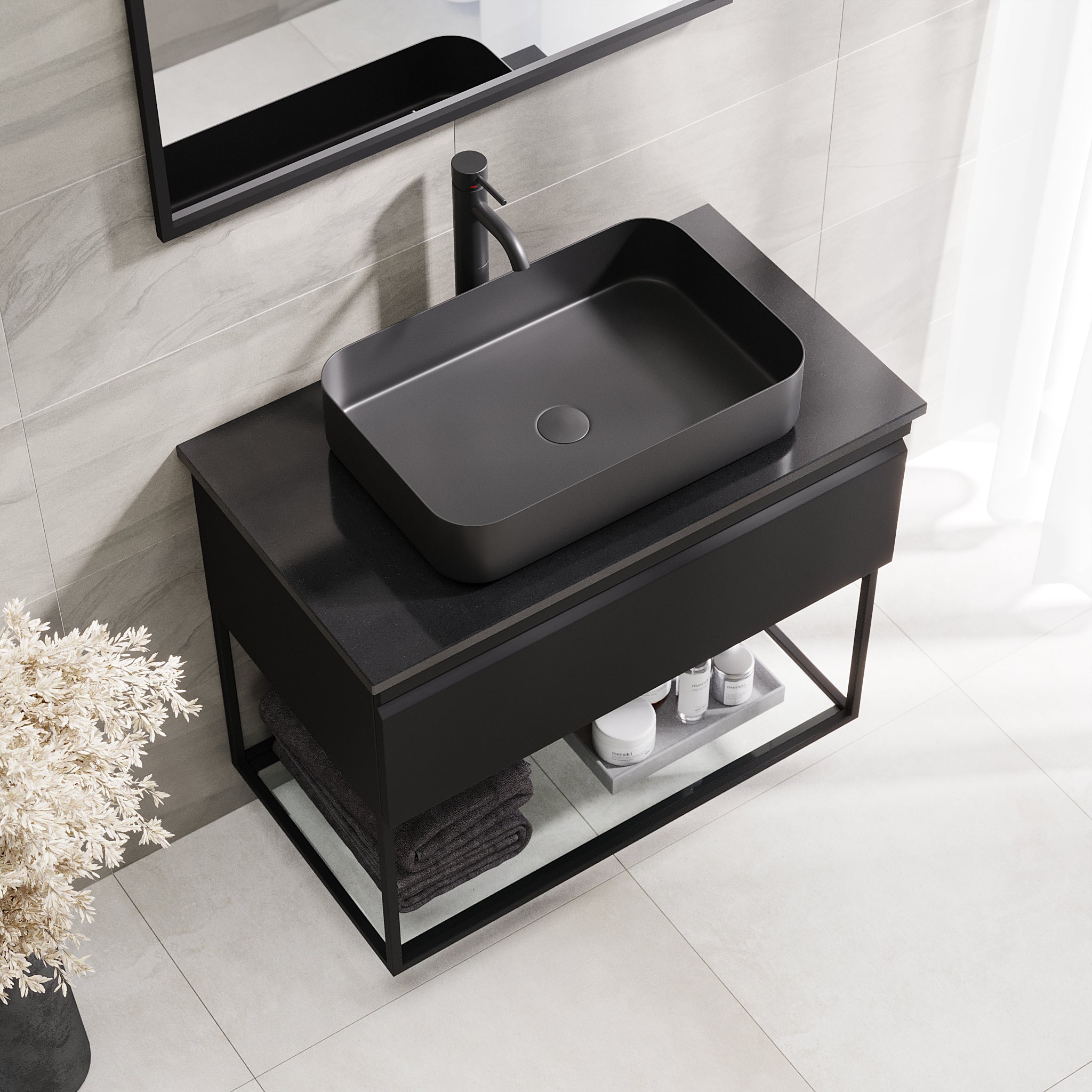 Kvitfjell Compact Bathroom Furniture with Black Quartz Countertop, Matte Black