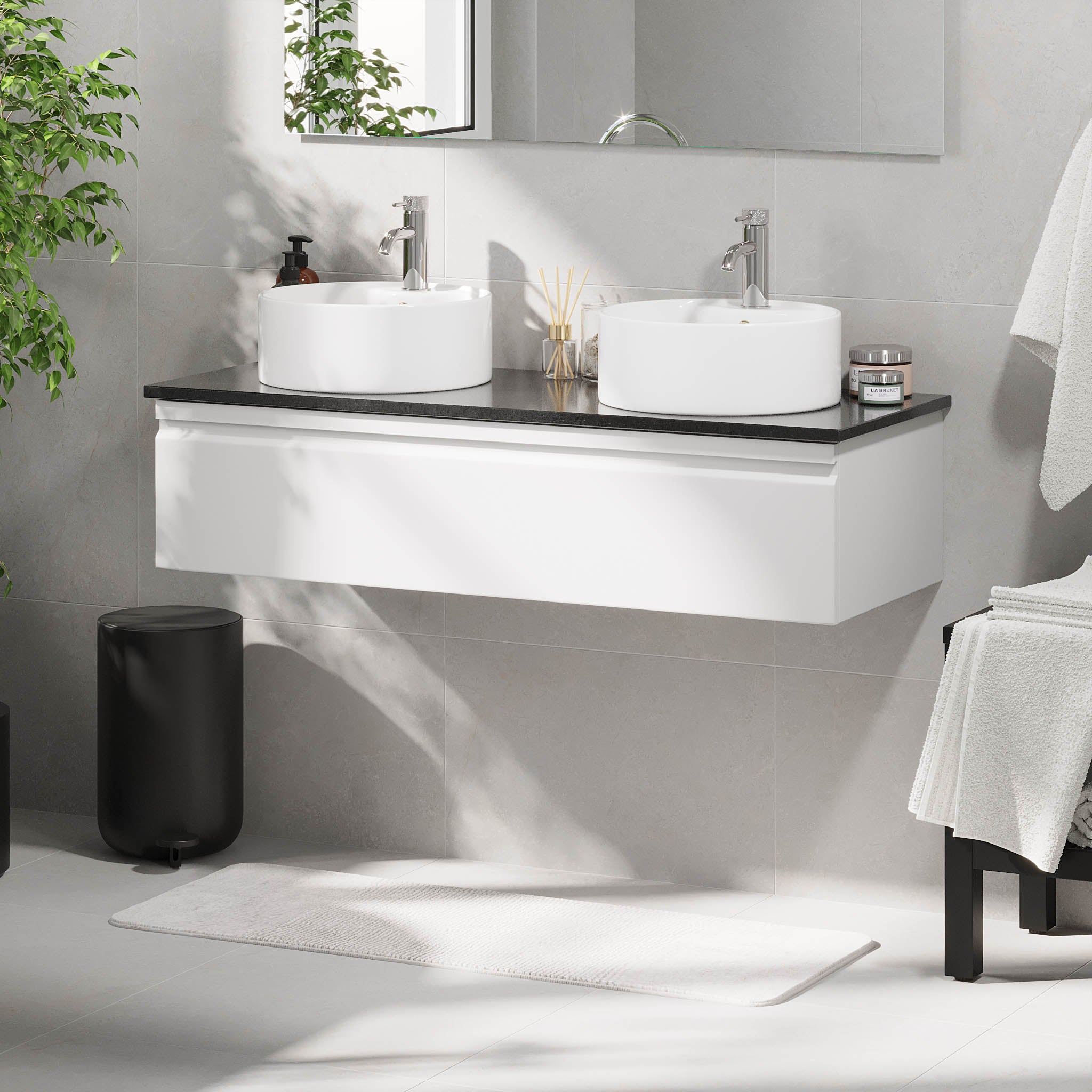 Mirage Bathroom furniture with black countertop, Matt White