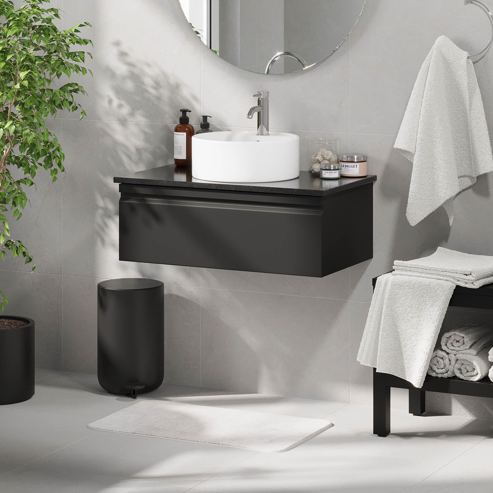 Mirage Bathroom furniture with black countertop, Matt Black
