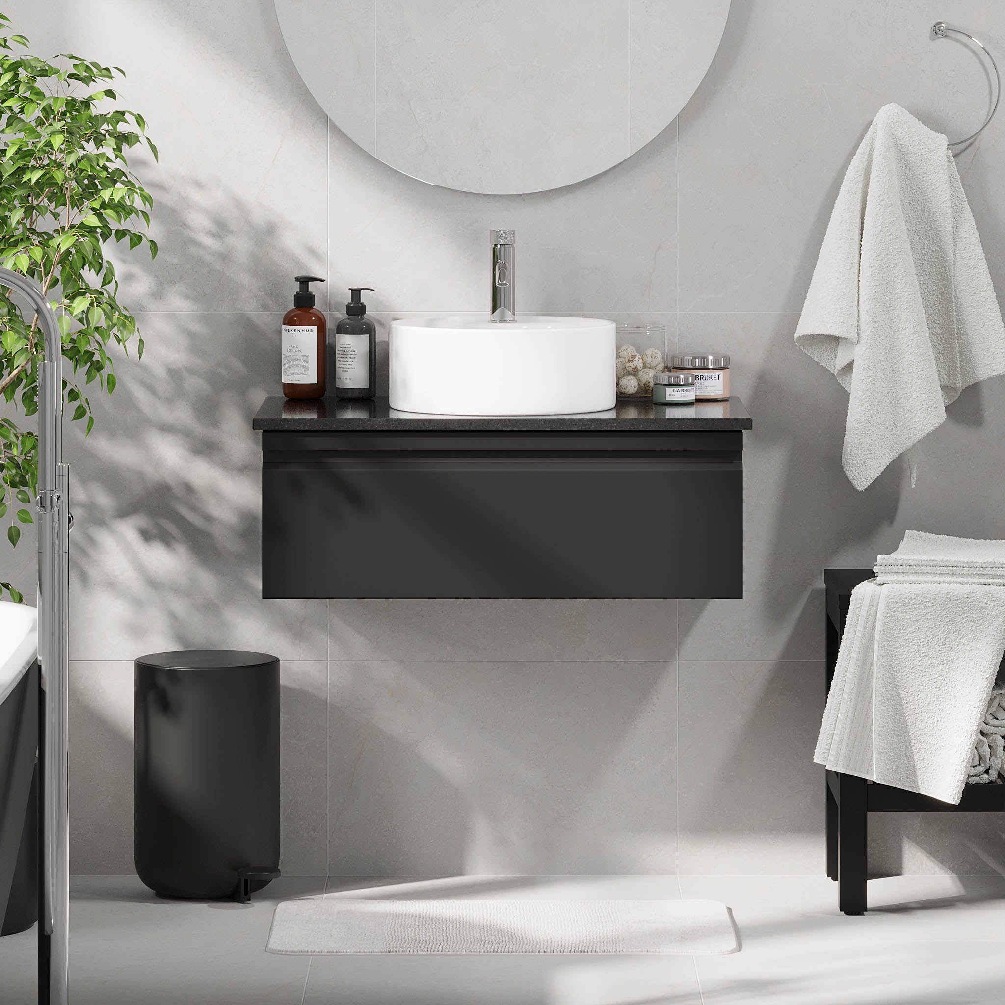 Mirage Bathroom furniture with black countertop, Matt Black