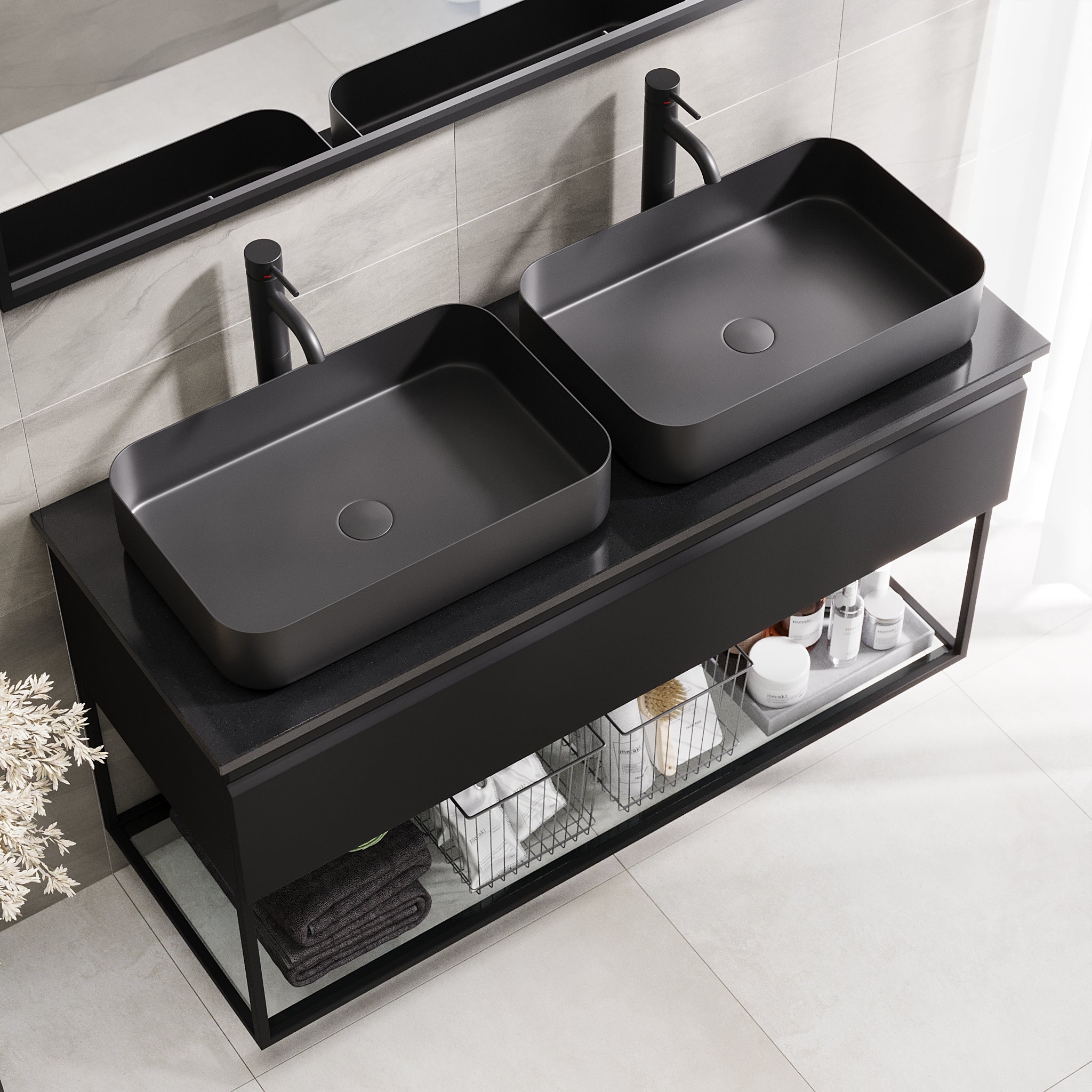Kvitfjell Compact Bathroom Furniture with Black Quartz Countertop, Matte Black